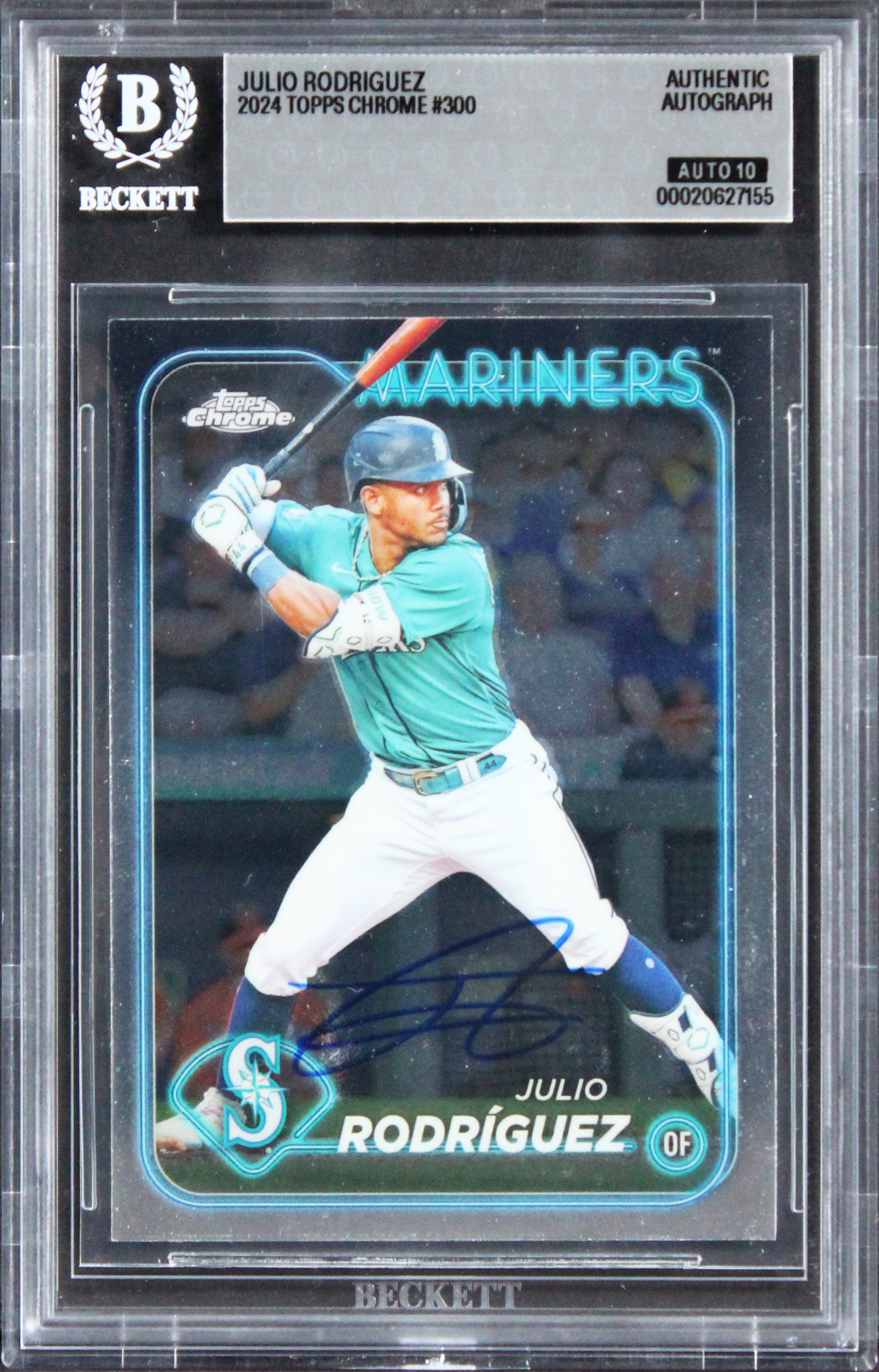 Mariners Julio Rodriguez Signed 2024 Topps Chrome #300 Card Auto 10! BAS Slabbed