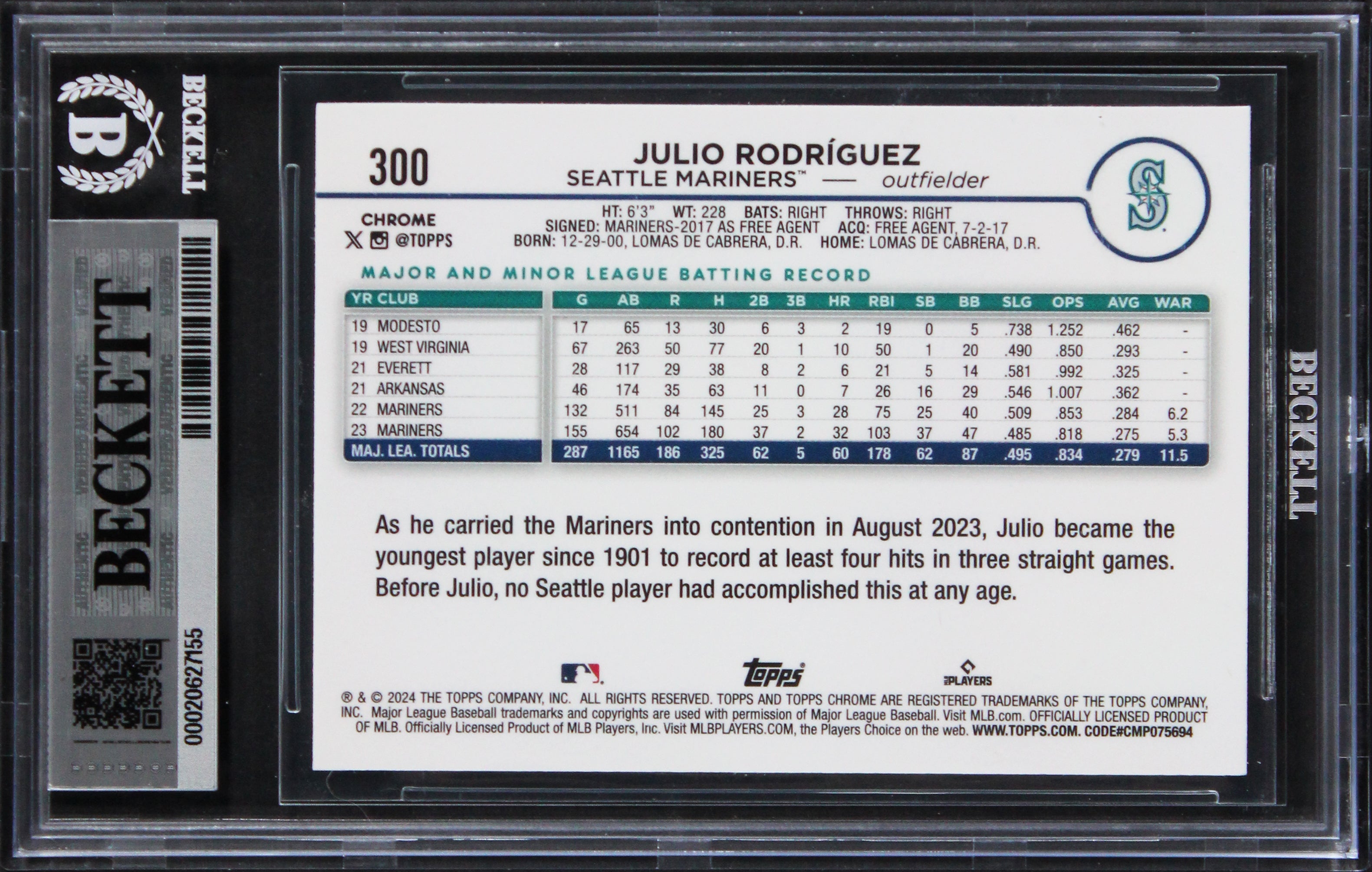 Mariners Julio Rodriguez Signed 2024 Topps Chrome #300 Card Auto 10! BAS Slabbed