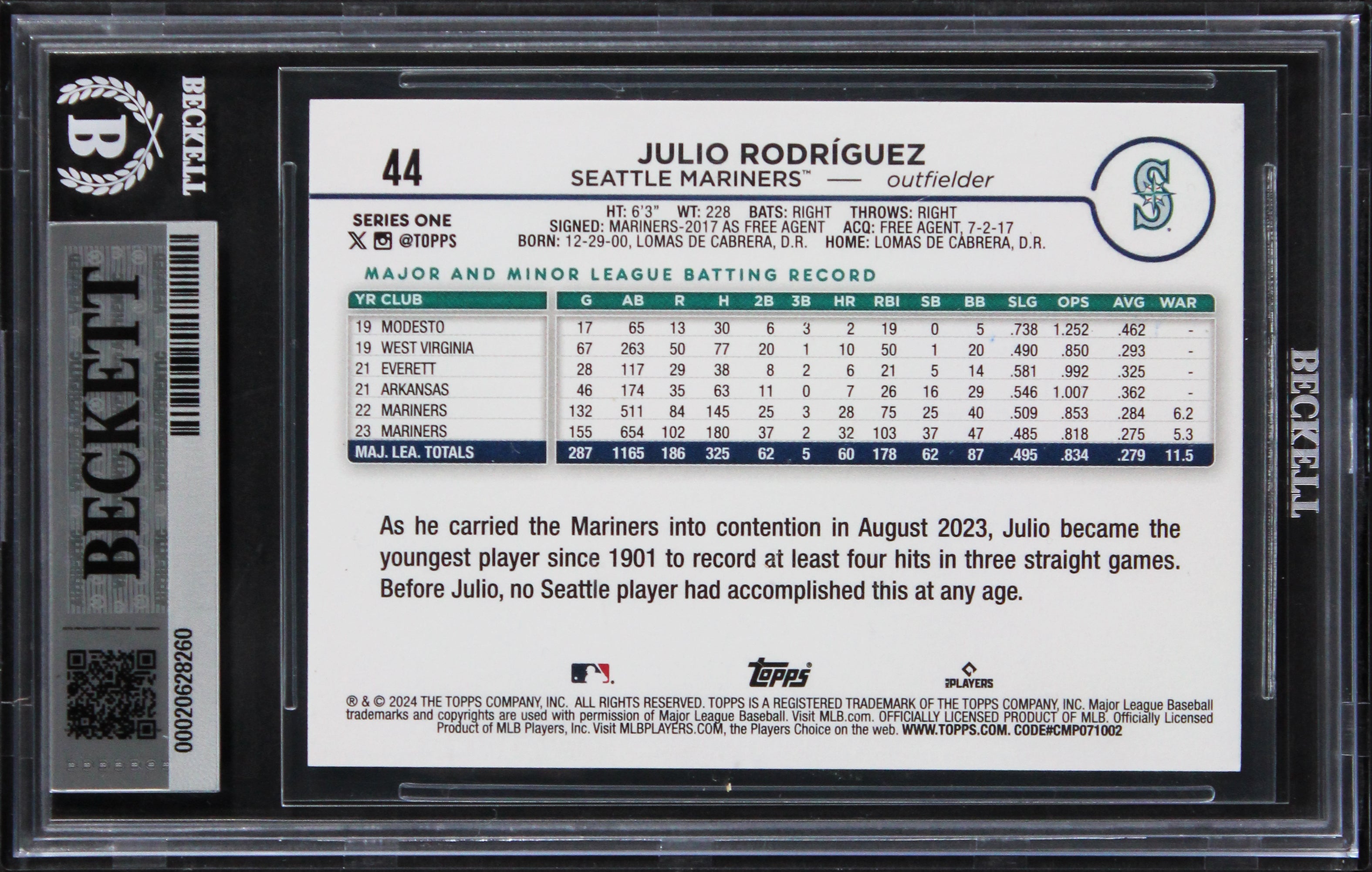 Mariners Julio Rodriguez Signed 2024 Topps Factory Set #44 Card Auto 10 BAS Slab