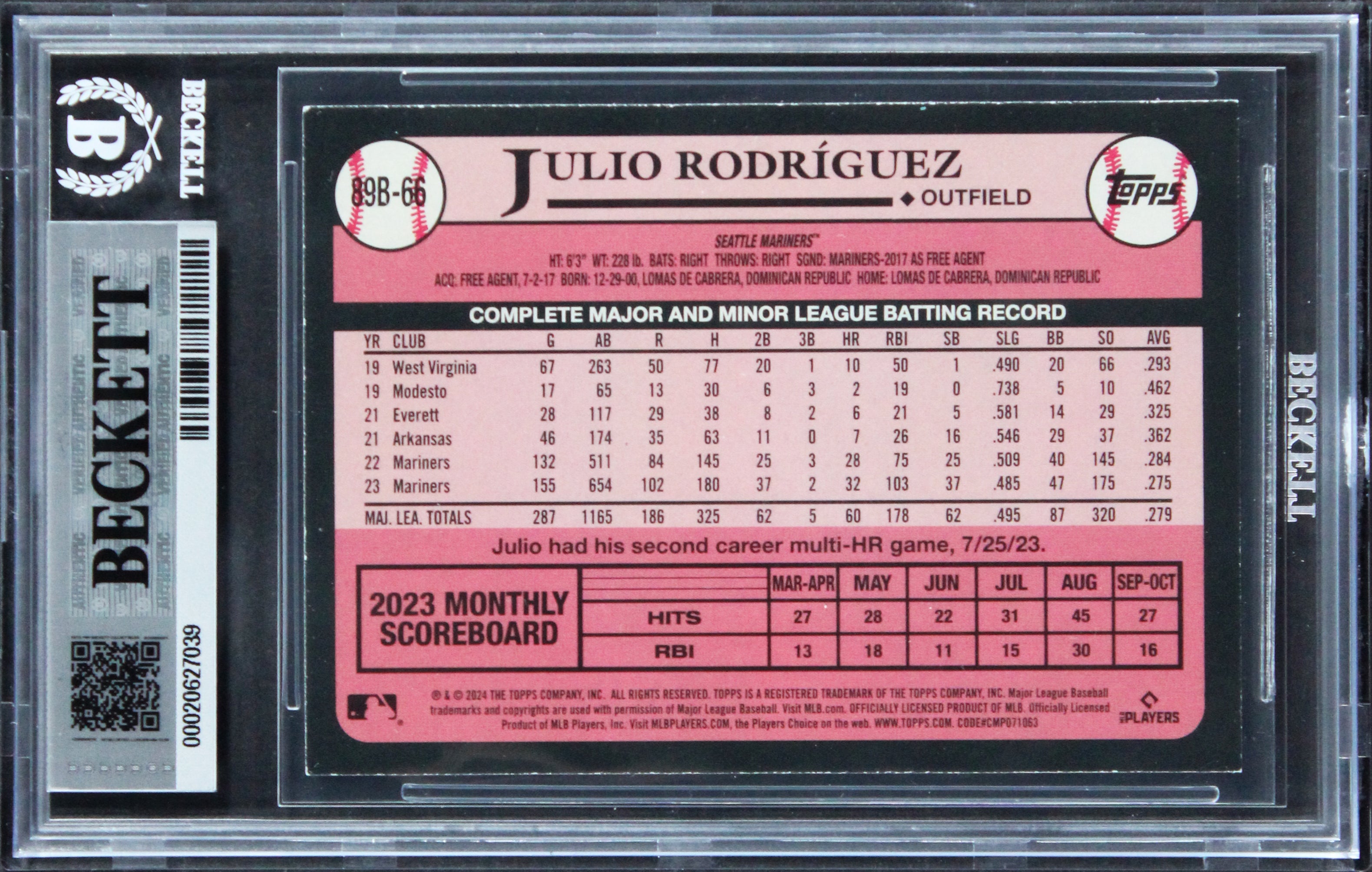 Mariners Julio Rodriguez Signed 2024 Topps '89 #89B66 Card Auto 10! BAS Slabbed