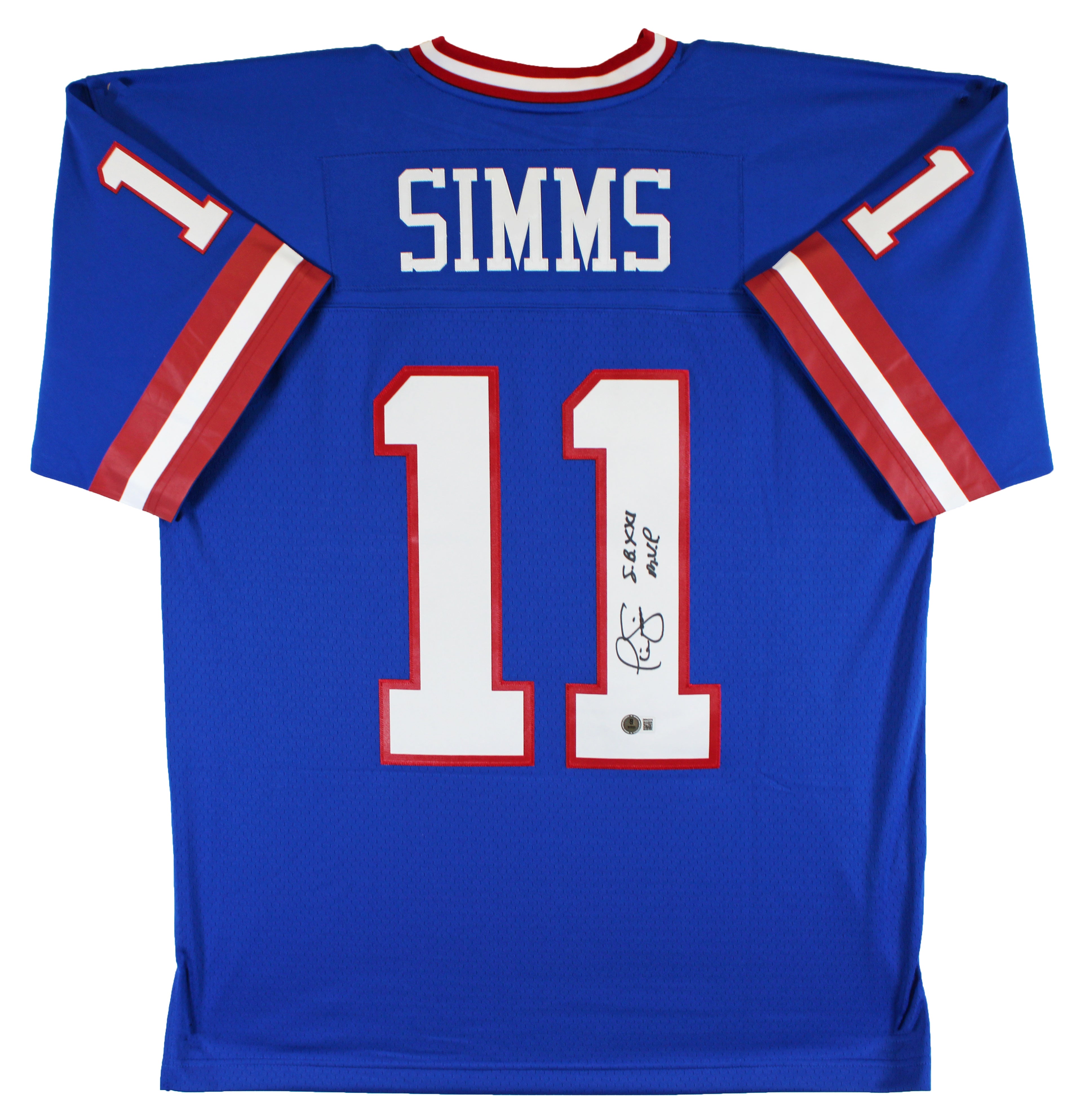 Giants Phil Simms "SB XXI MVP" Signed Blue Mitchell & Ness Jersey BAS Witnessed