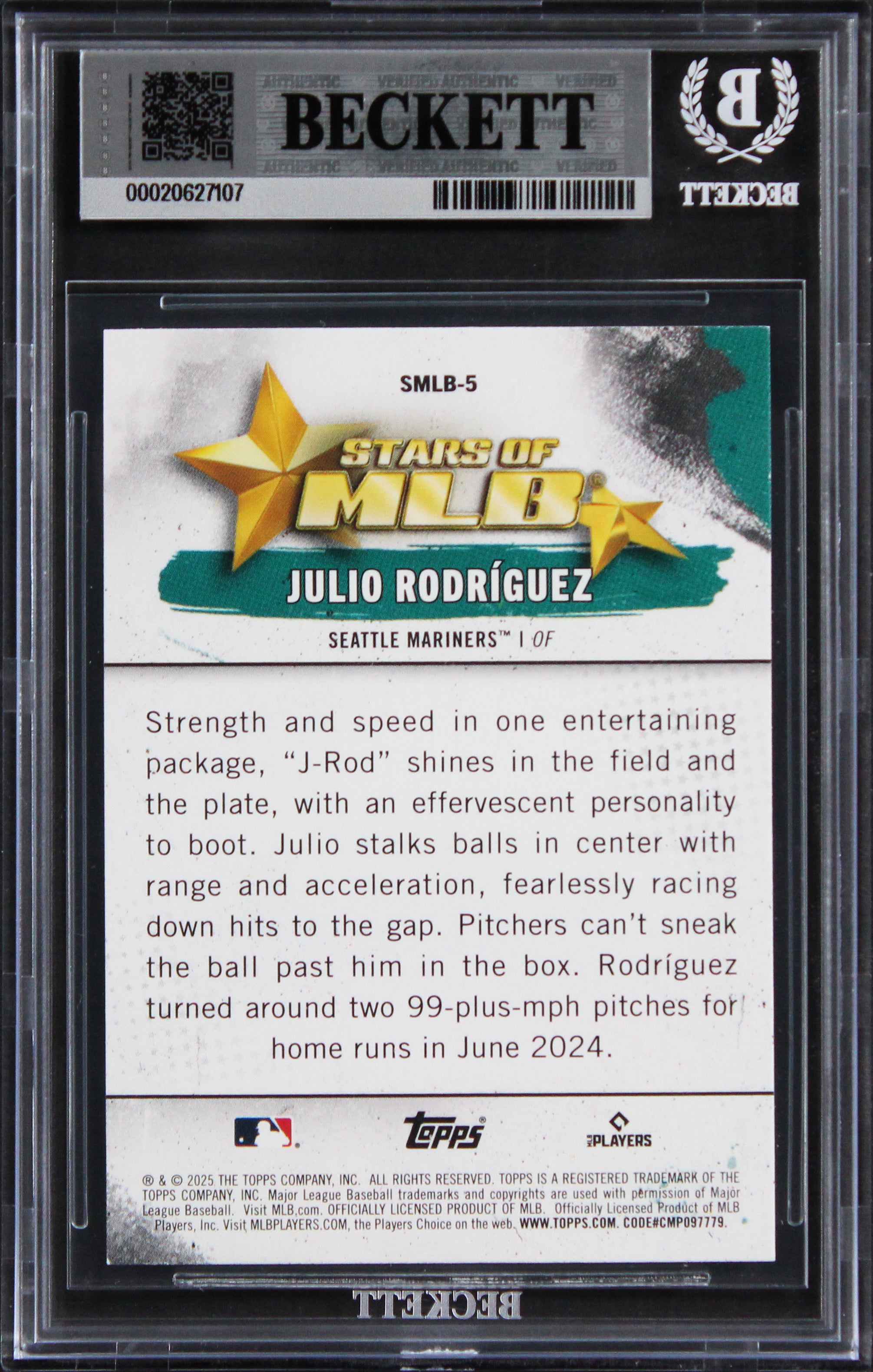Mariners Julio Rodriguez Signed 2025 Topps #SMLB5 Card Auto GM 10! BAS Slabbed