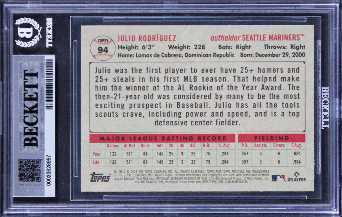 Mariners Julio Rodriguez Signed 2023 Topps Archives #94 Card Auto 10! BAS Slab