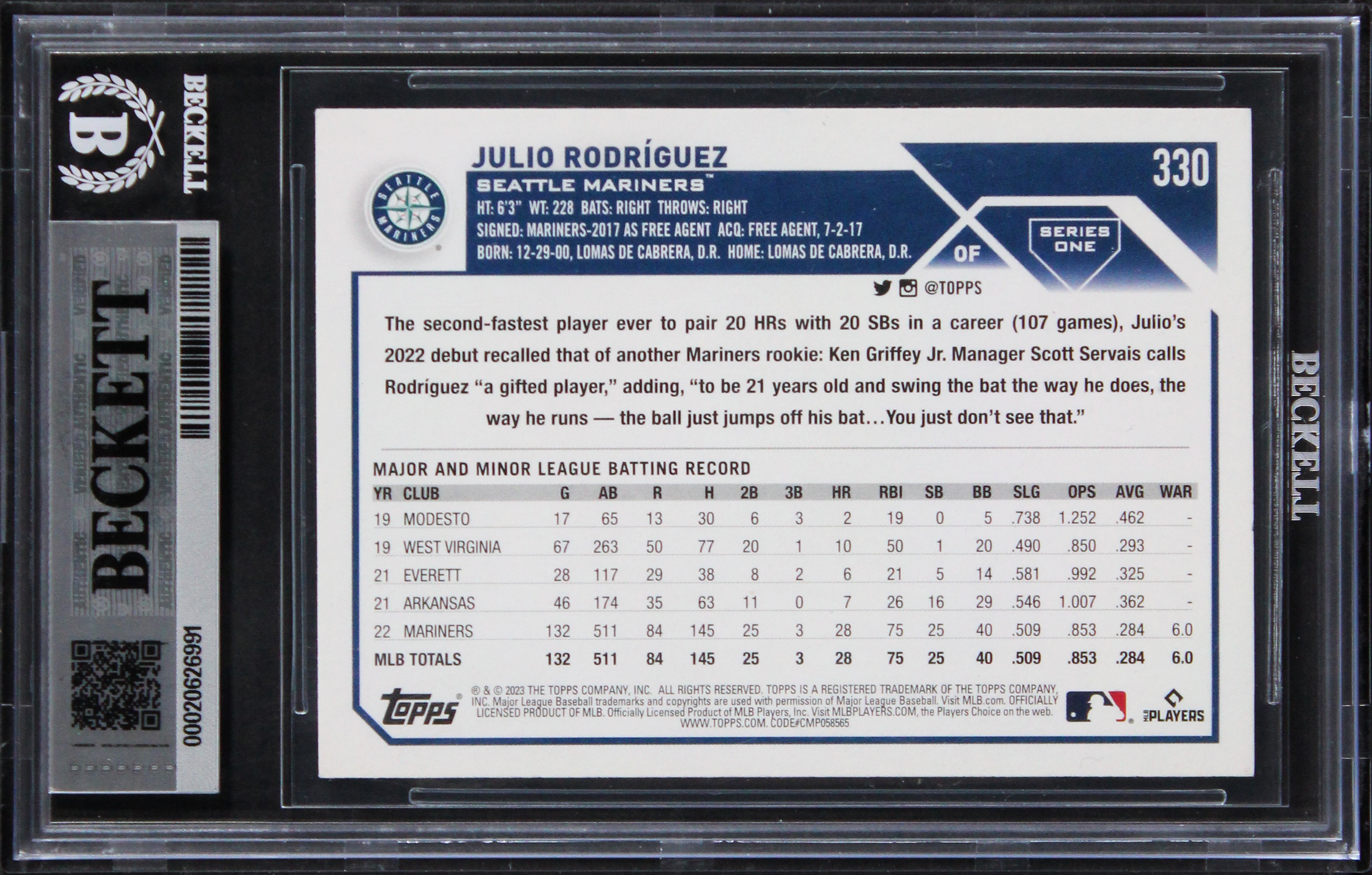 Mariners Julio Rodriguez Signed 2023 Topps Rainbow #330 Card Auto 10! BAS Slab