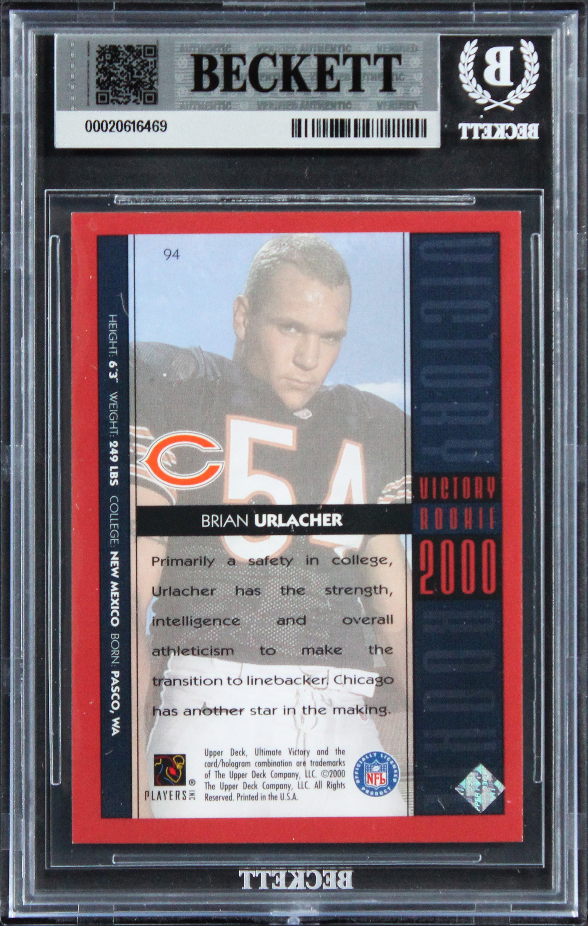 Brian Urlacher "HOF 18" Signed 2000 Upper Deck #94 Rookie Card Auto 10! BAS Slab