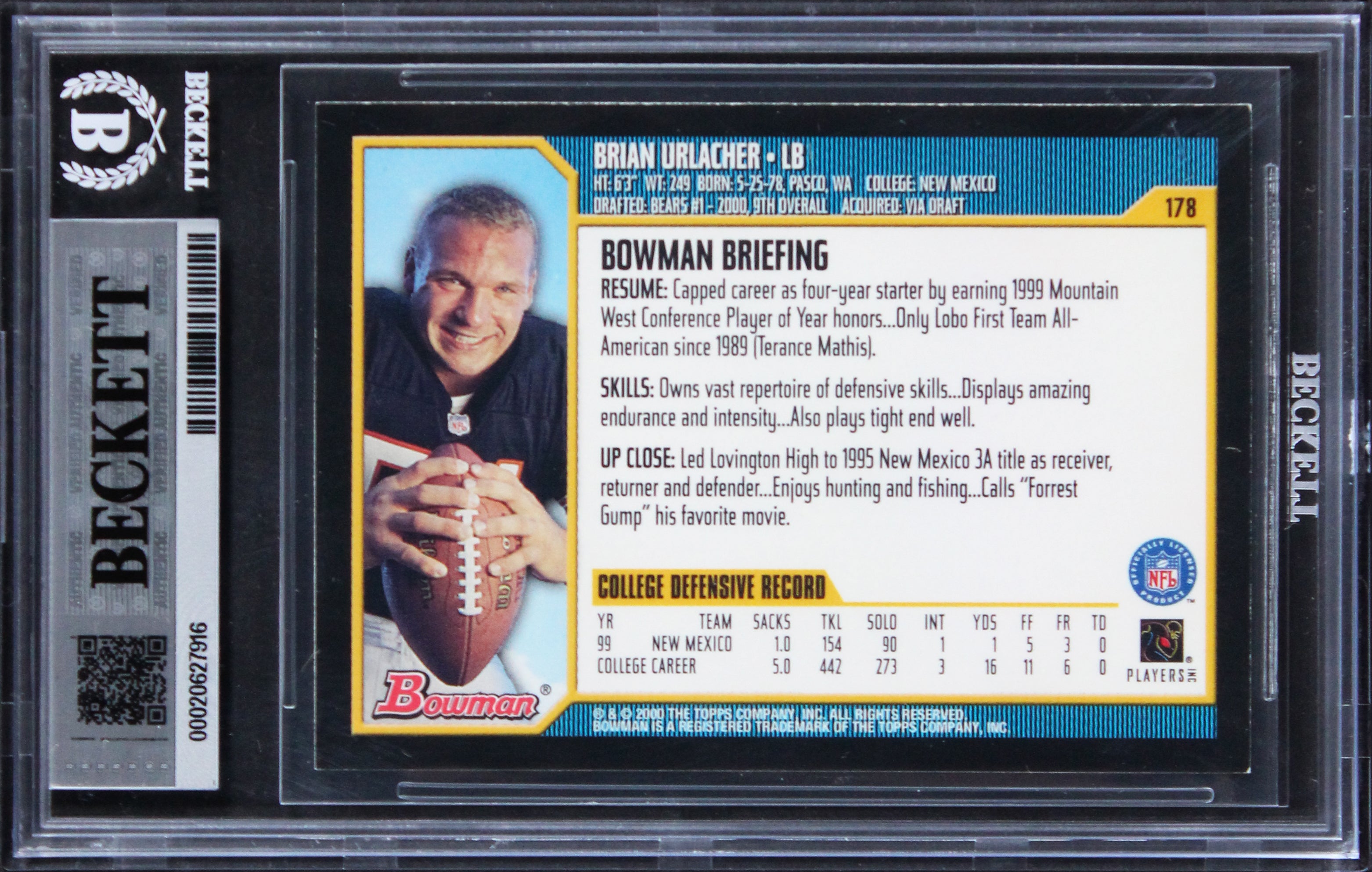 Bears Brian Urlacher "HOF 18" Signed 2000 Bowman #178 RC Card Auto 10! BAS Slab