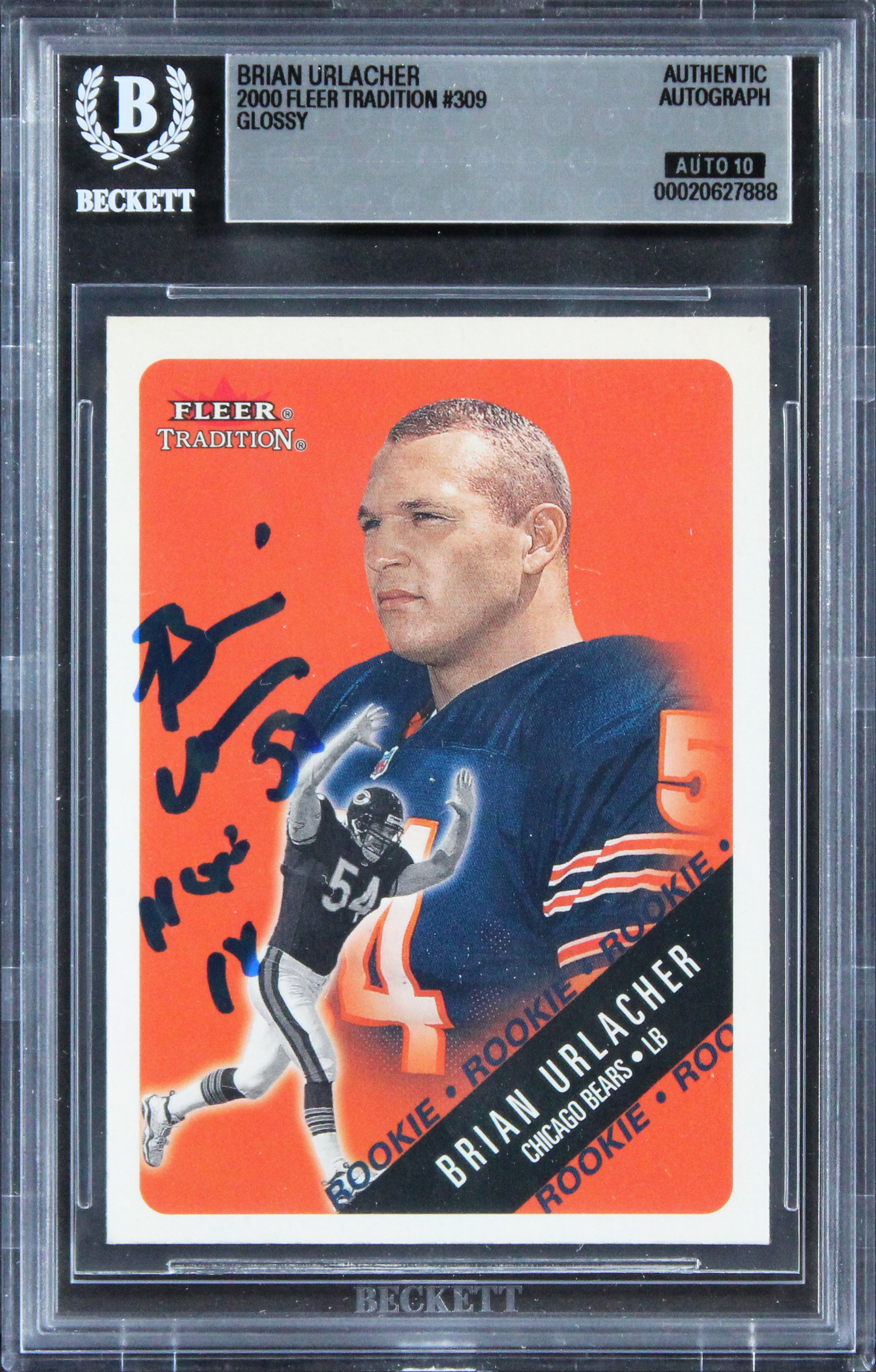 Brian Urlacher "HOF 18" Signed 2000 Fleer Glossy #309 RC Card Auto 10! BAS Slab