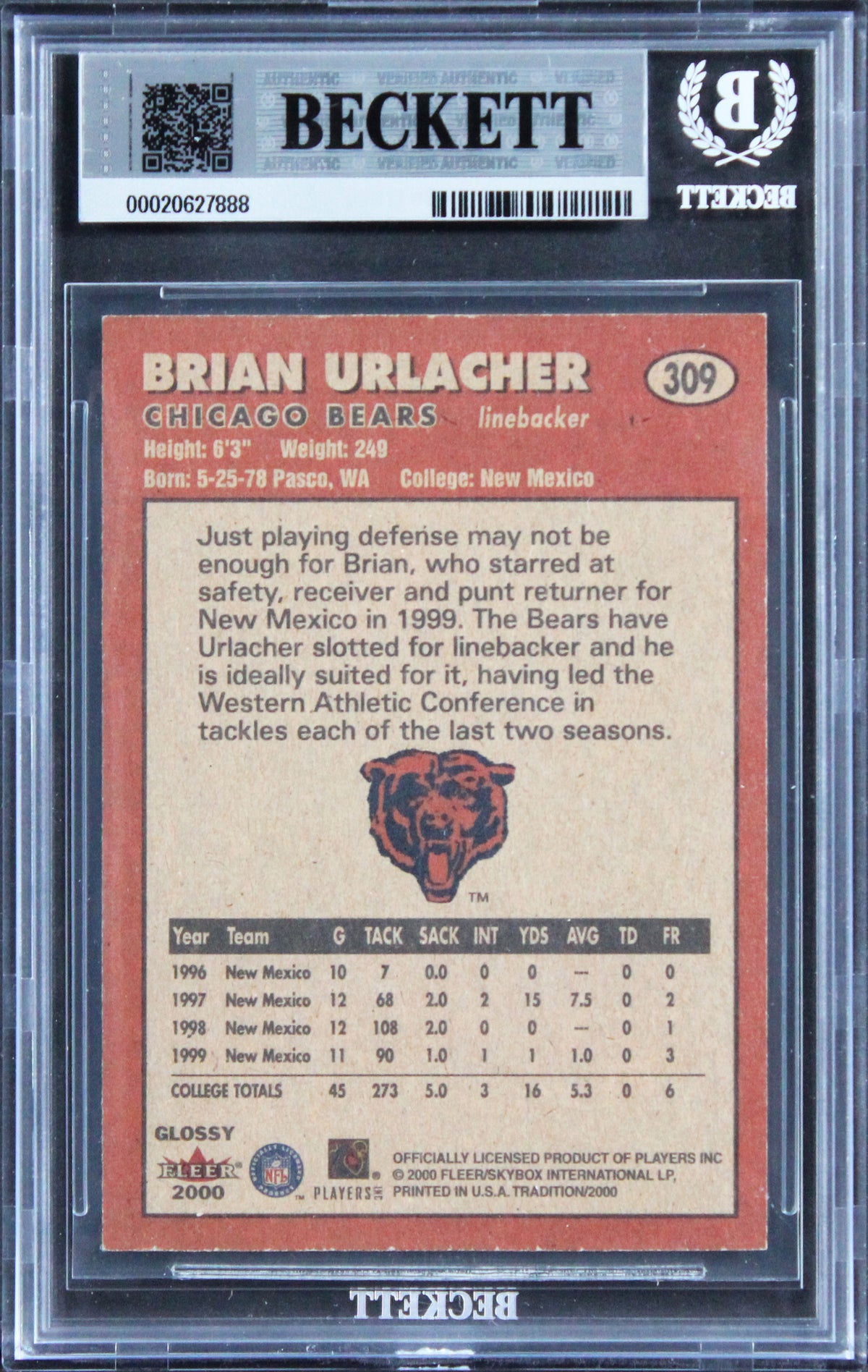 Brian Urlacher "HOF 18" Signed 2000 Fleer Glossy #309 RC Card Auto 10! BAS Slab