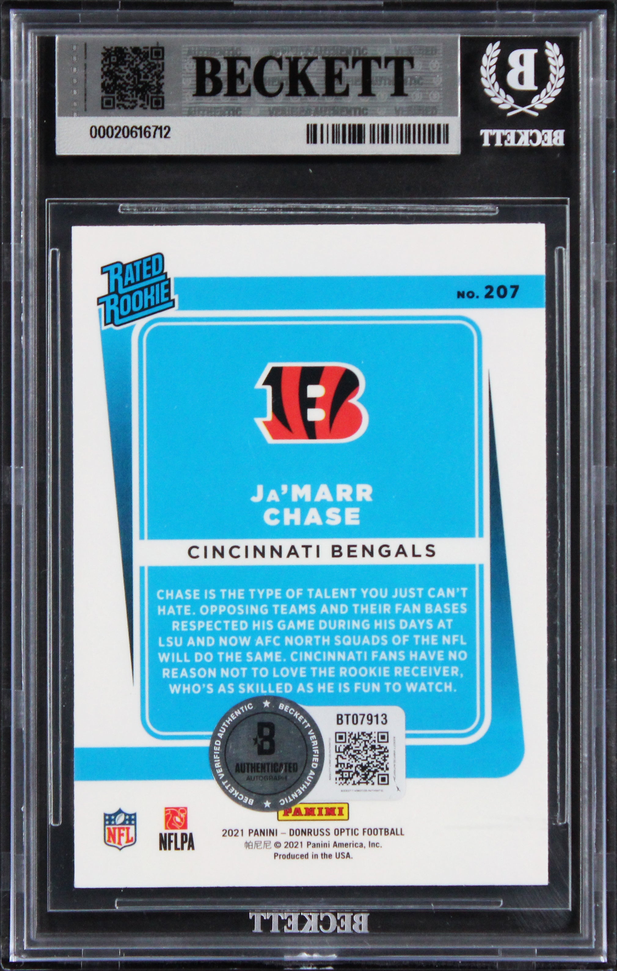 Bengals Ja'Marr Chase Signed 2021 Donruss Optic #207 RC Card Auto 10! BAS Slab