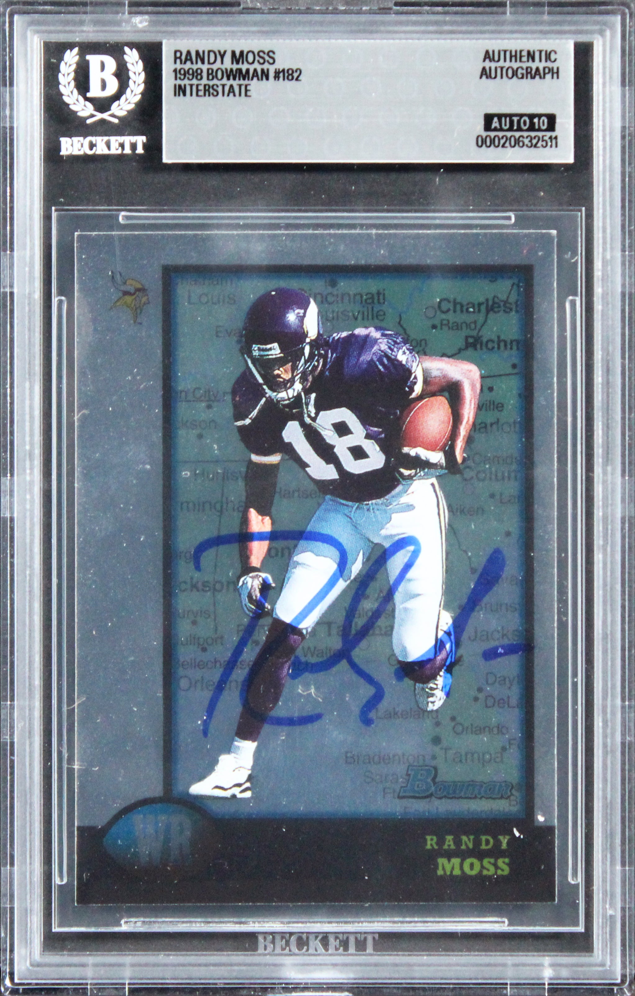 Vikings Randy Moss Signed 1998 Bowman Interstate #182 RC Card Auto 10! BAS Slab