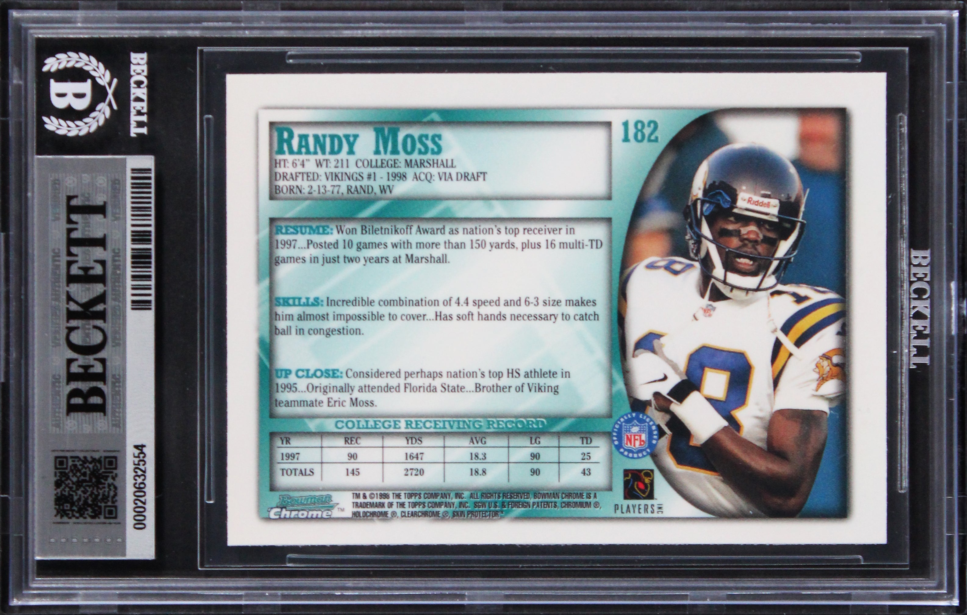 Vikings Randy Moss Signed 1998 Bowman Chrome #182 Rookie Card Auto 10! BAS Slab