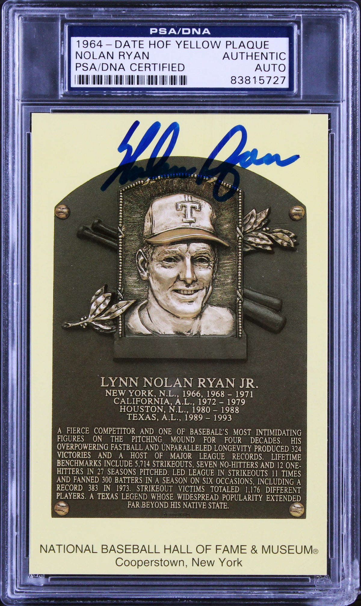 Rangers Nolan Ryan Authentic Signed 3.5x5.5 Postcard HOF Plaque PSA/DNA Slabbed