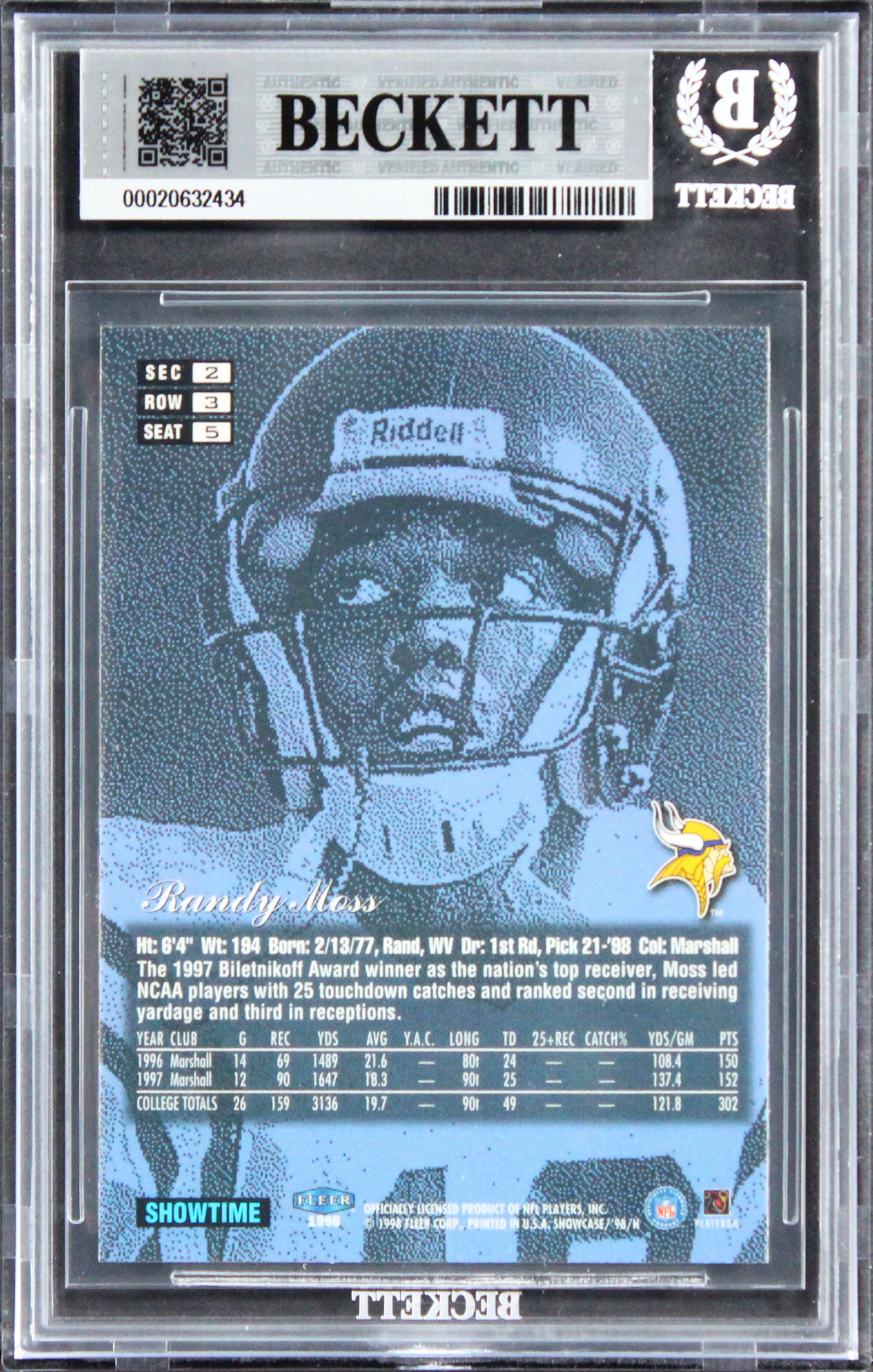 Vikings Randy Moss Signed 1998 Flair Showcase #5 Rookie Card Auto 10! BAS Slab