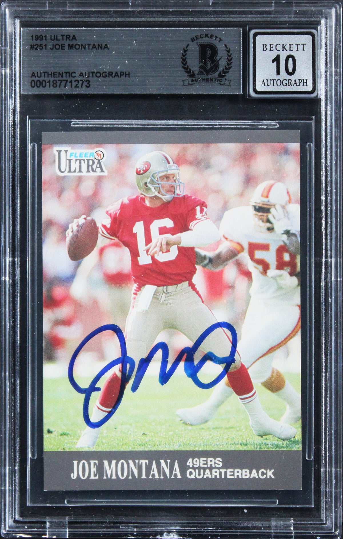 49ers Joe Montana Signed 1991 Ultra #251 Card Auto Grade Gem Mint 10 BAS Slabbed