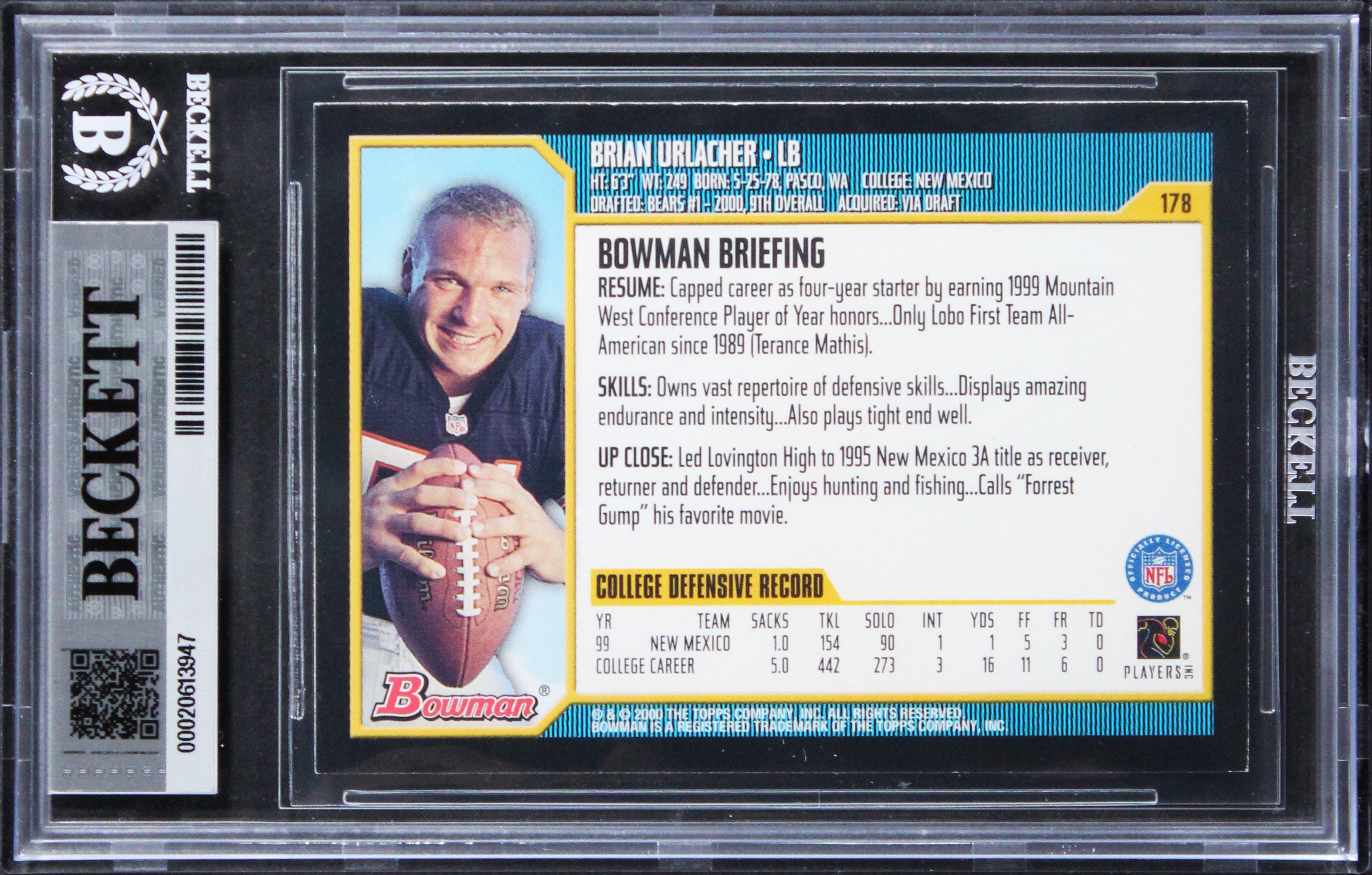 Bears Brian Urlacher "HOF 18" Signed 2000 Bowman #178 Rookie Card BAS Slabbed