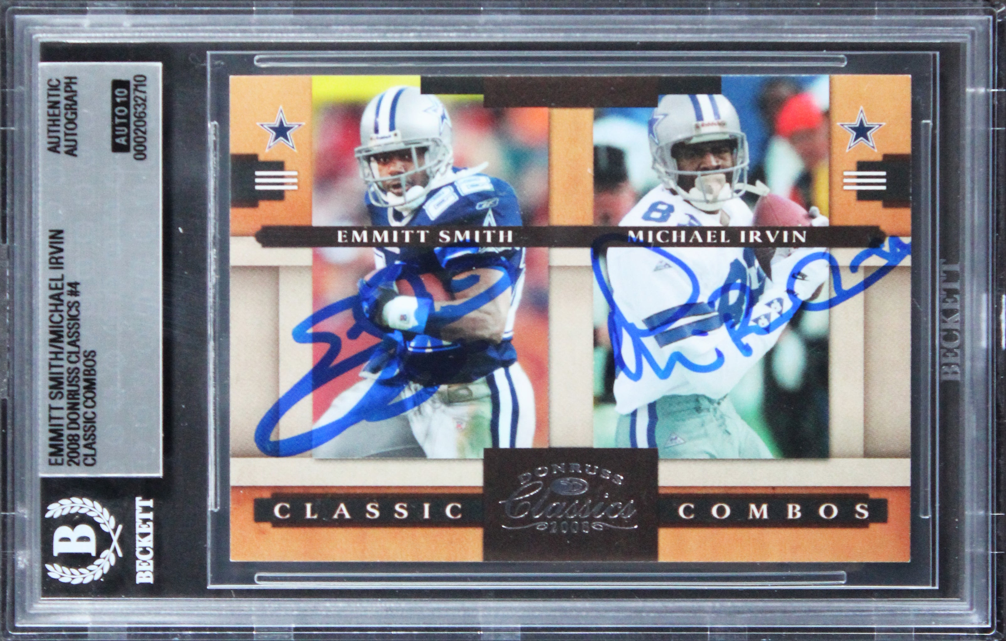 Emmitt Smith & Michael Irvin Signed 2008 Donruss #4 Card Auto 10! BAS Slabbed