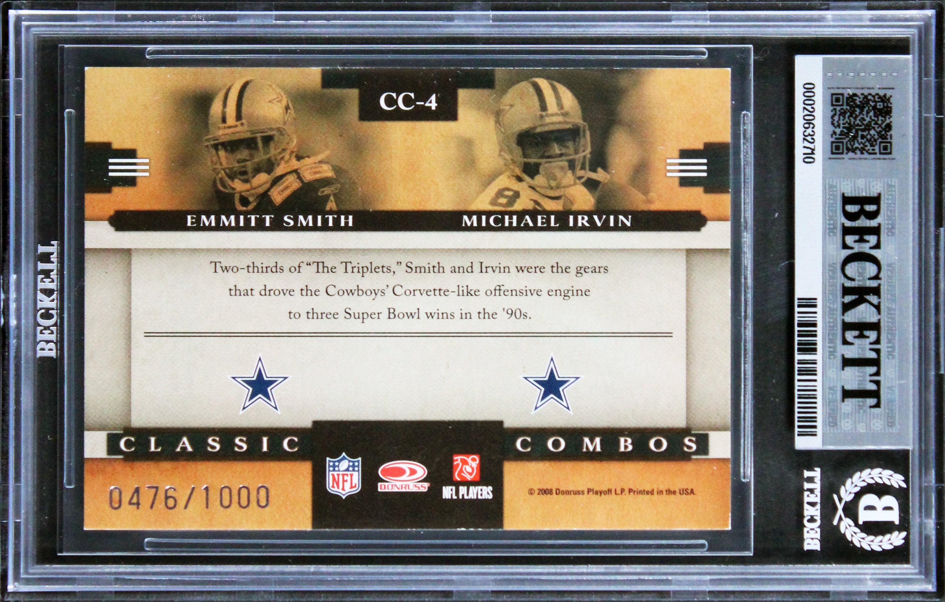 Emmitt Smith & Michael Irvin Signed 2008 Donruss #4 Card Auto 10! BAS Slabbed