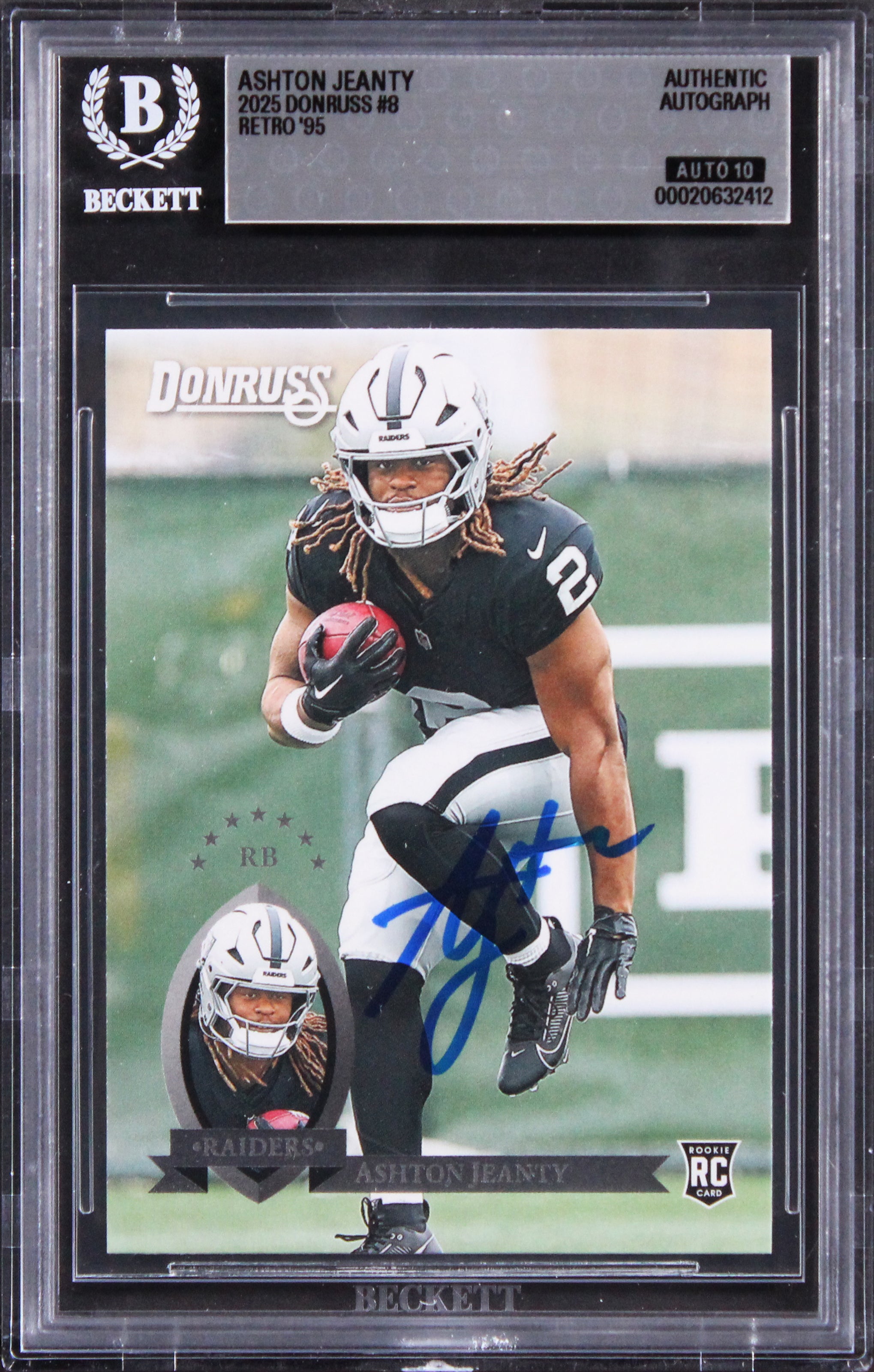 Raiders Ashton Jeanty Signed 2025 Donruss Retro '95 #8 RC Card Auto 10! BAS Slab