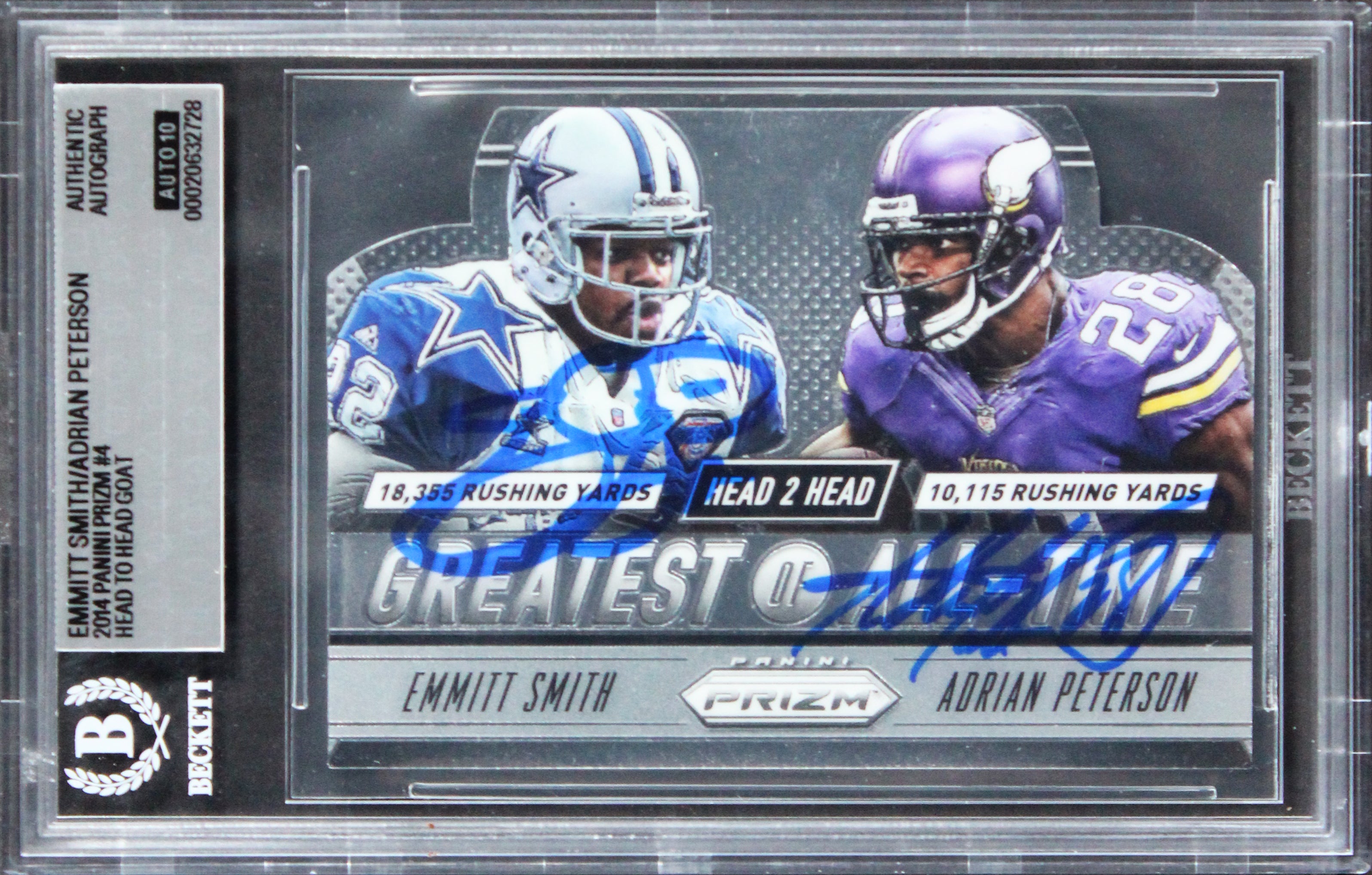 Emmitt Smith & Adrian Peterson Signed 2014 Panini Prizm #4 Card Auto 10 BAS Slab