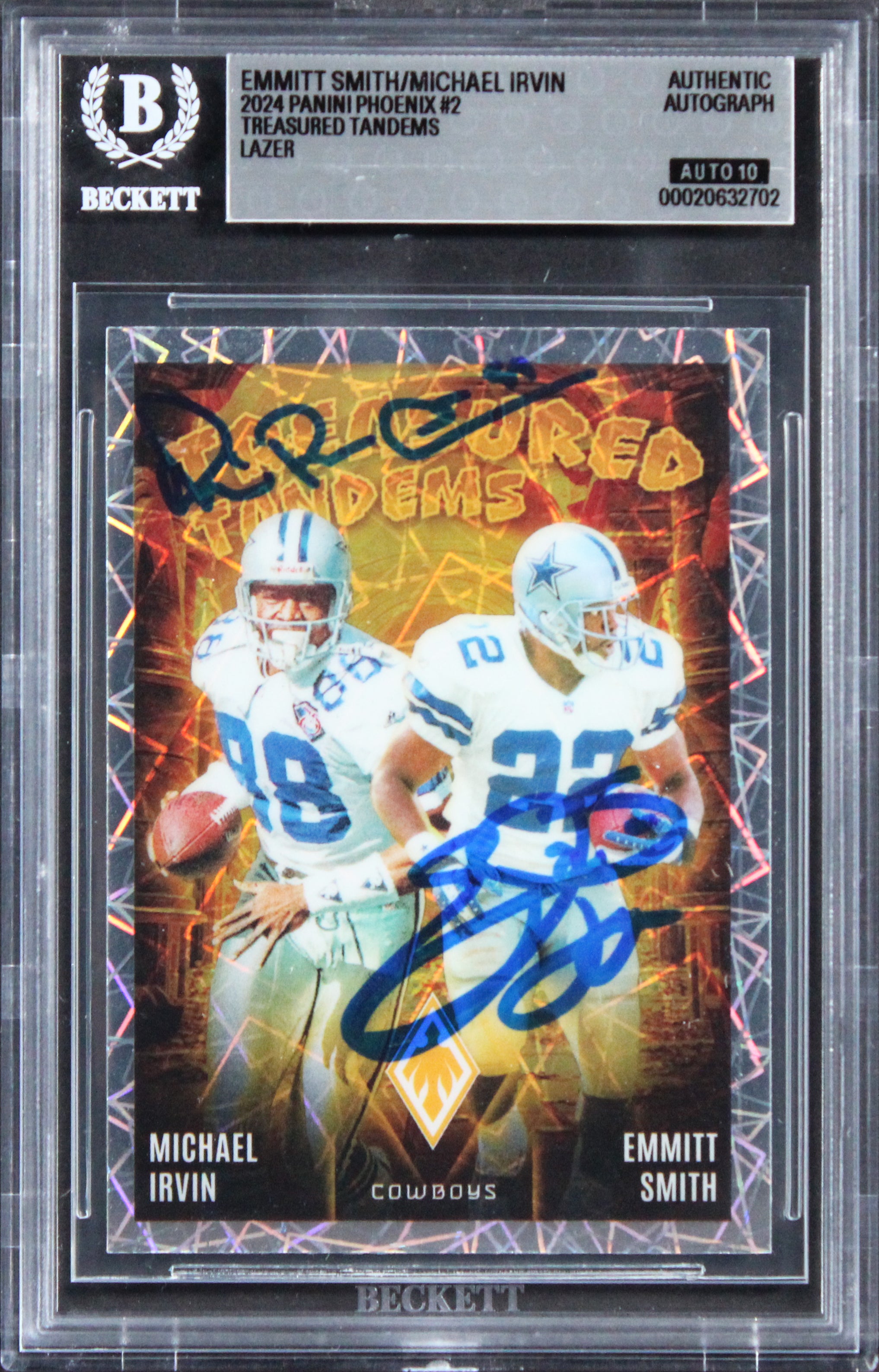 Cowboys Smith & Irvin Signed 2024 Panini Phoenix Lazer #2 Card Auto 10! BAS Slab