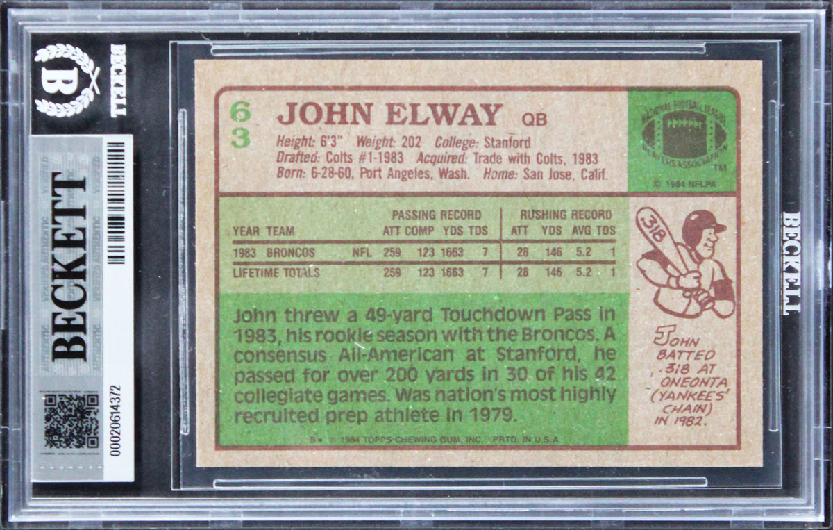 Broncos John Elway Authentic Signed 1984 Topps #63 Card Autographed BAS Slabbed