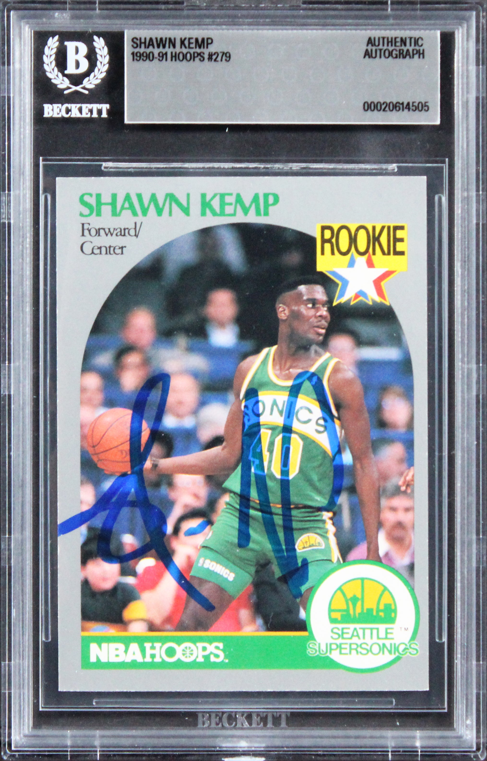 Sonics Shawn Kemp Authentic 1990 Hoops #279 Rookie Card Autographed BAS Slabbed