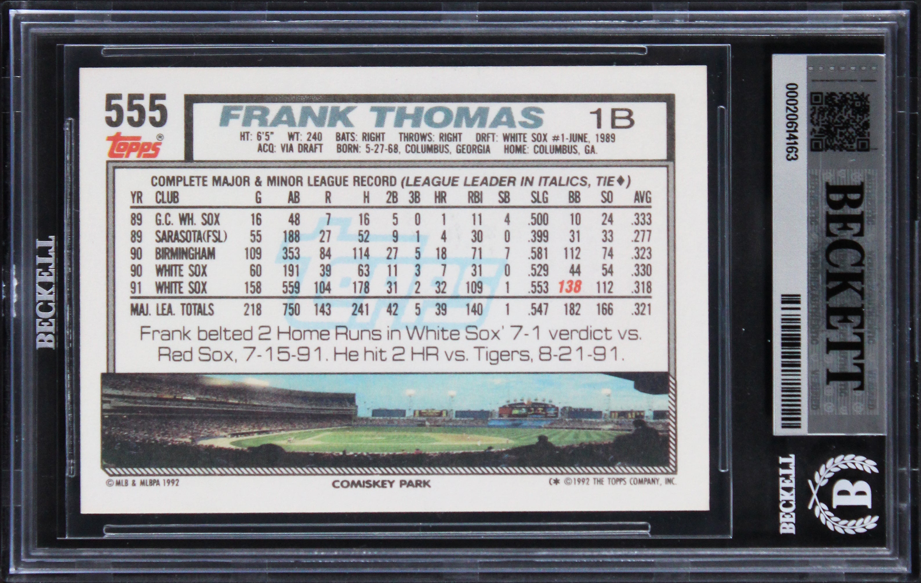 White Sox Frank Thomas Authentic 1992 Topps #555 Card Autographed BAS Slabbed