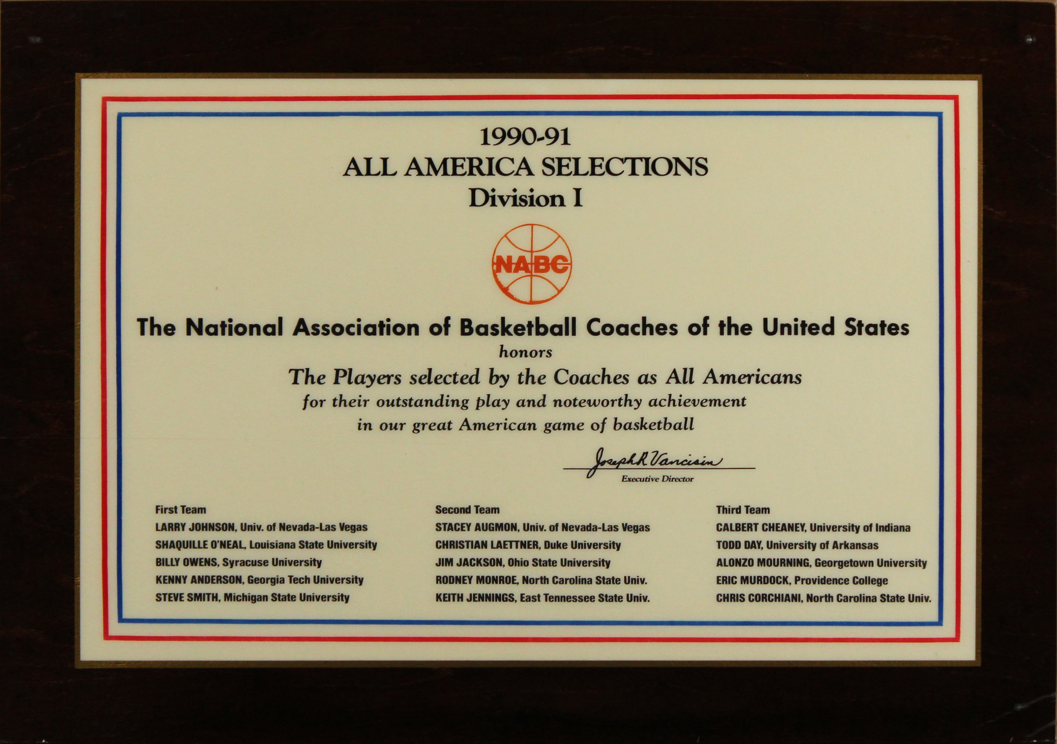 Shaquille O'Neal 1990 NABC Division 1 All-American Team Plaque Un-signed