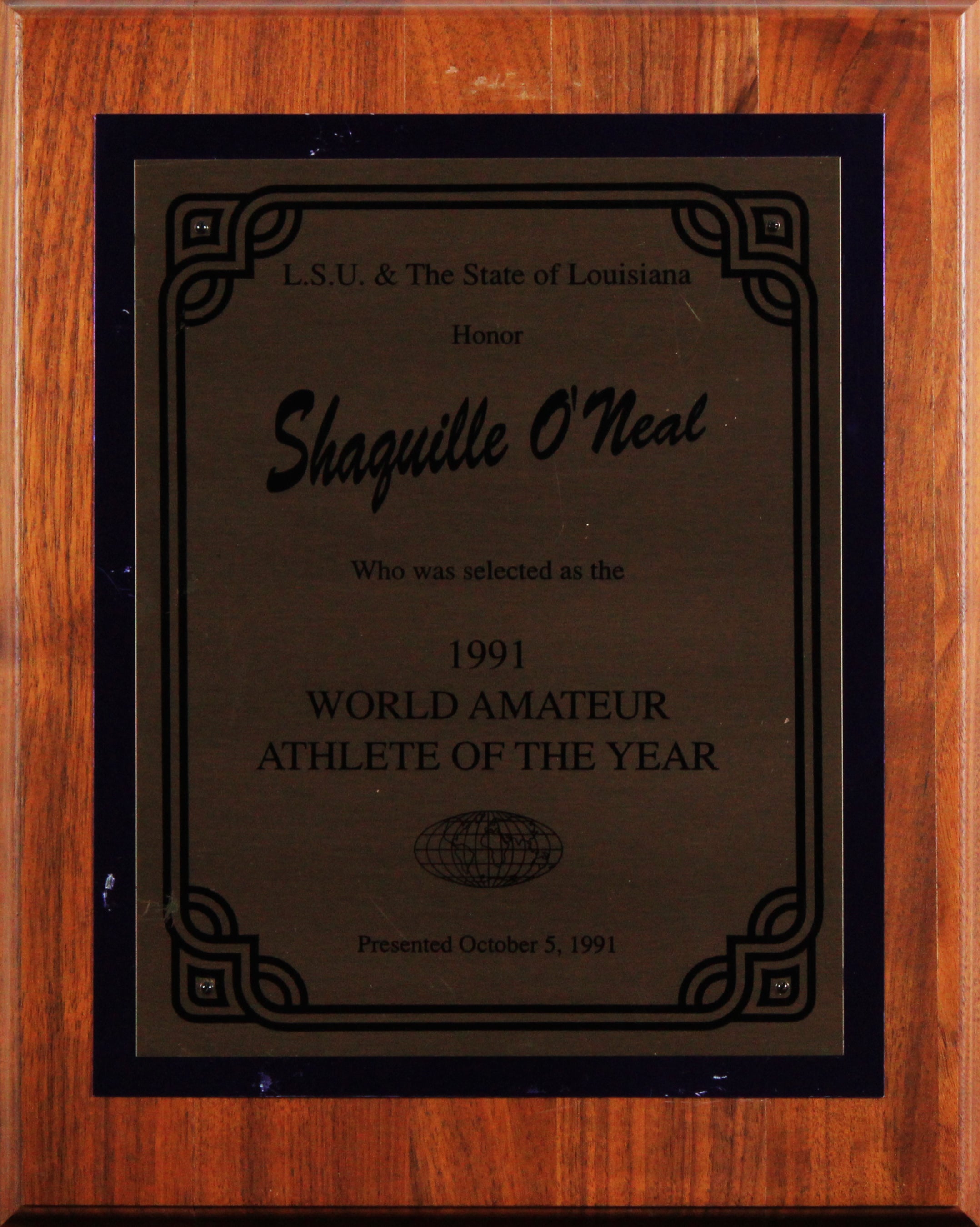 Shaquille O'Neal 1991 LSU World Amateur Athlete of the Year Plaque Un-signed