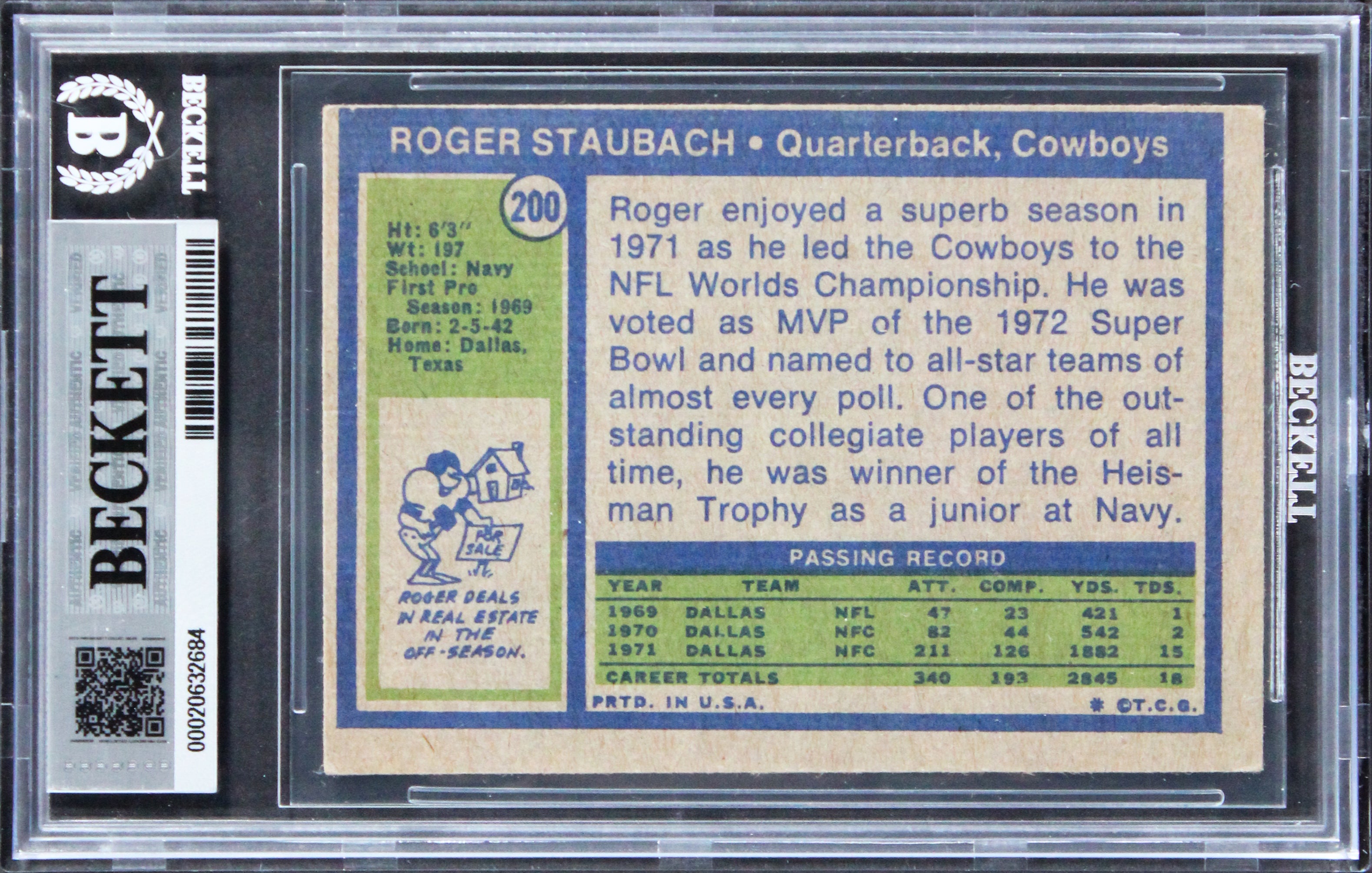 Cowboys Roger Staubach "HOF 85" Signed 1972 Topps #200 Card Auto 10! BAS Slabbed