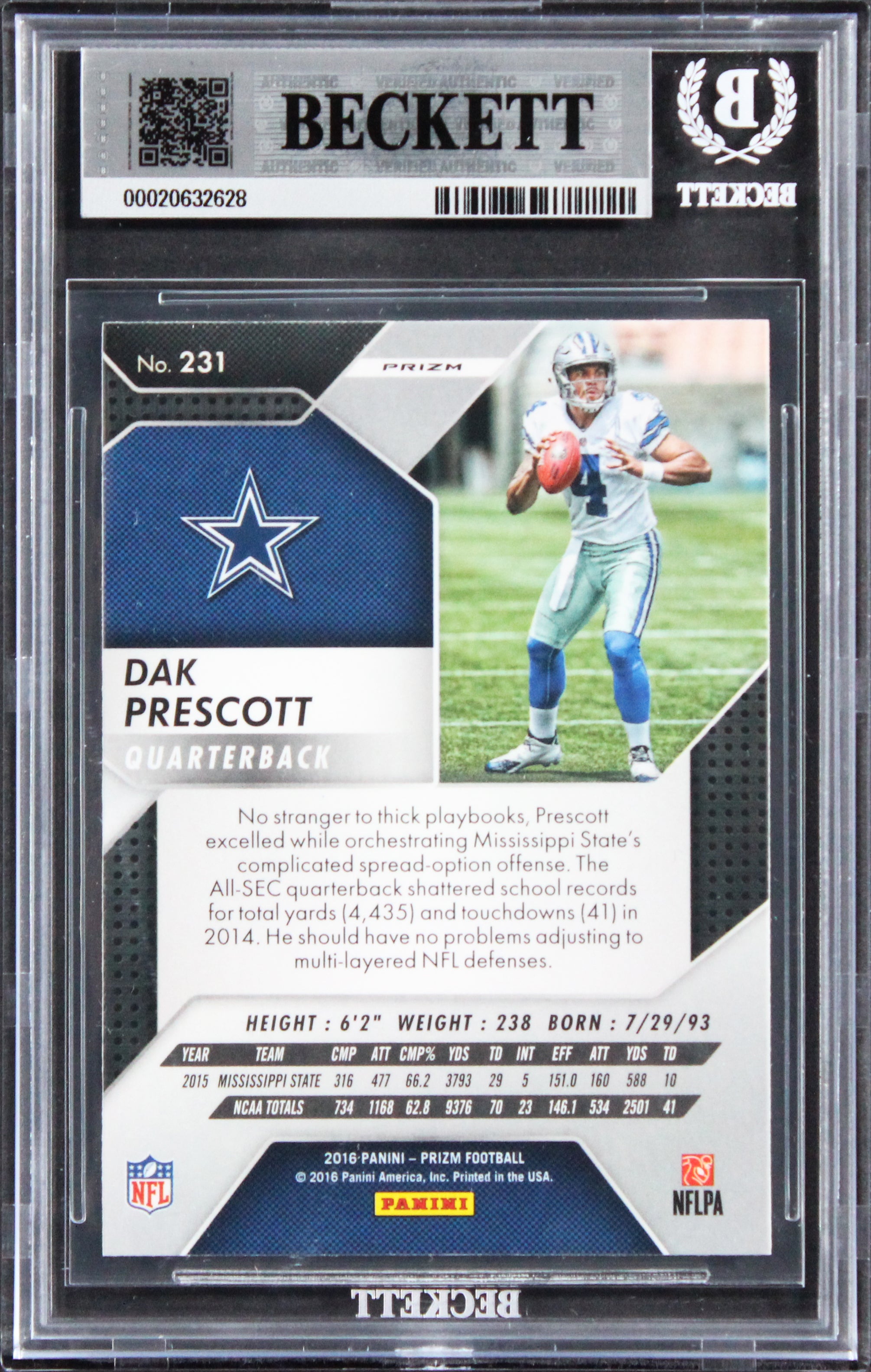 Dak Prescott "16 ROY" Signed 2016 Panini Prizm #231 RC Card Auto 10! BAS Slabbed