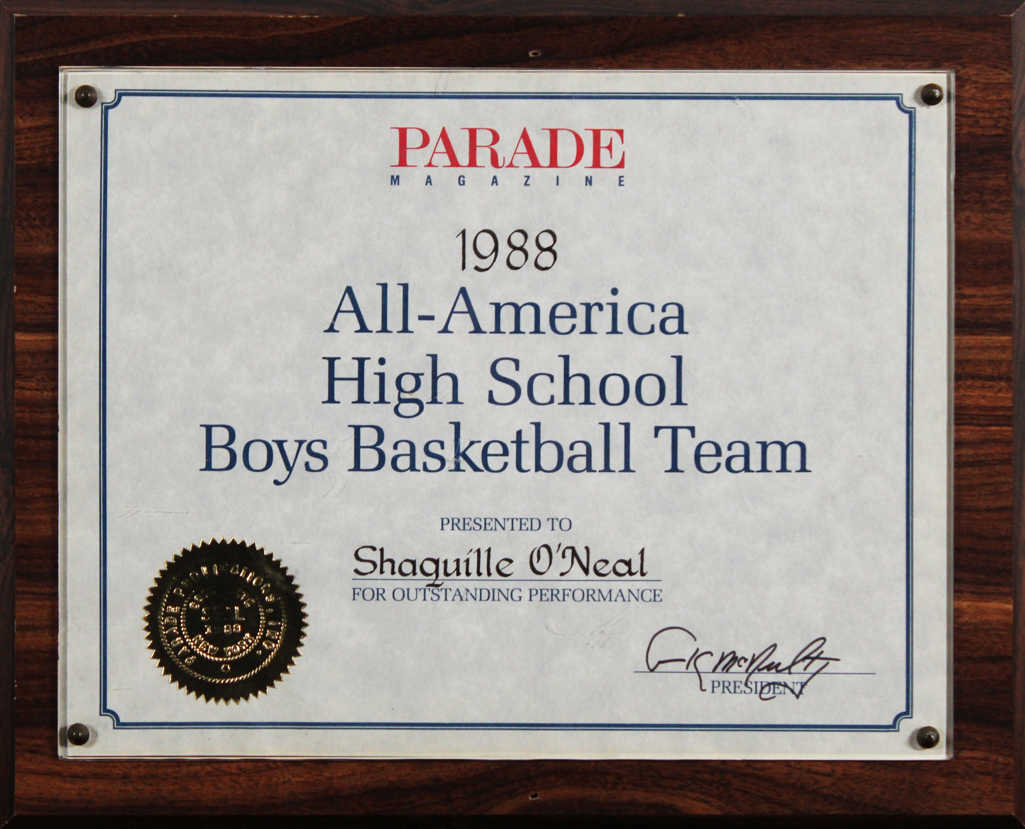 Shaquille O'Neal 1988 All-America High School Boys Basketball Team Plaque