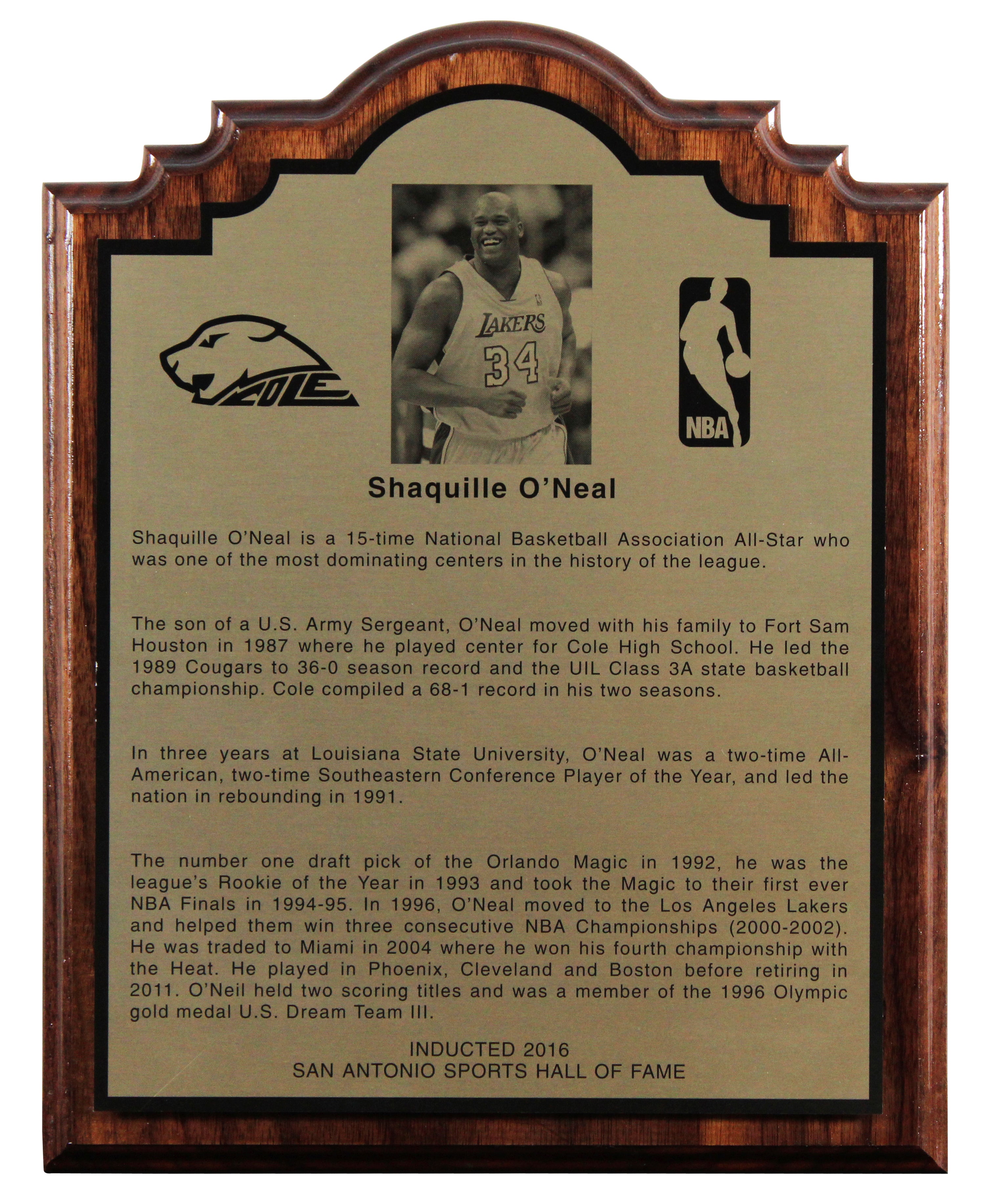 Shaquille O'Neal 2016 San Antonio Sports Hall of Fame Plaque Un-signed