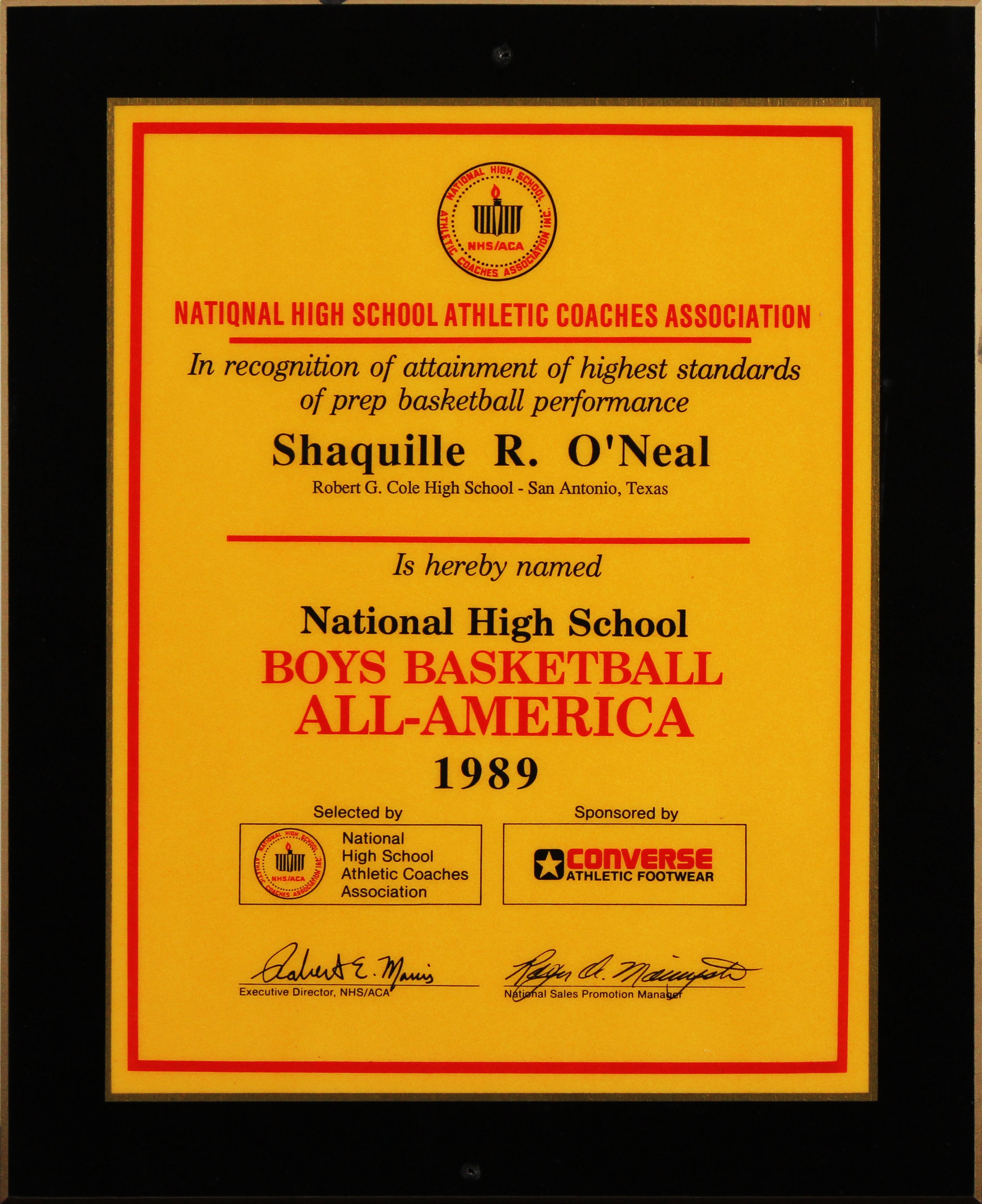 Shaquille O'Neal 1989 Nat'l High School Boys Basketball All-America Team Plaque