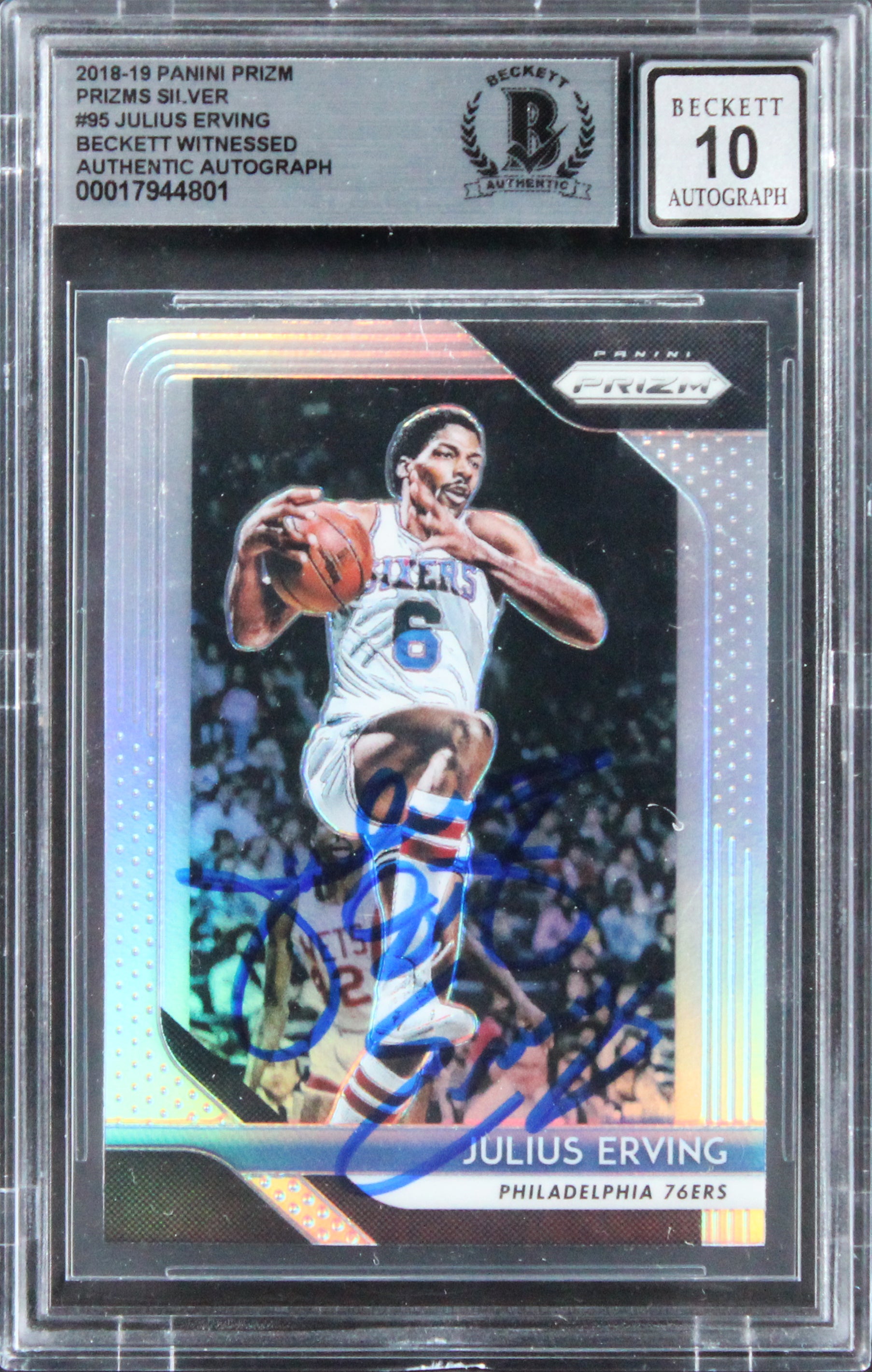 76ers Julius Erving Signed 2018 Panini Prizm Silver #95 Card Auto 10! BAS Slab