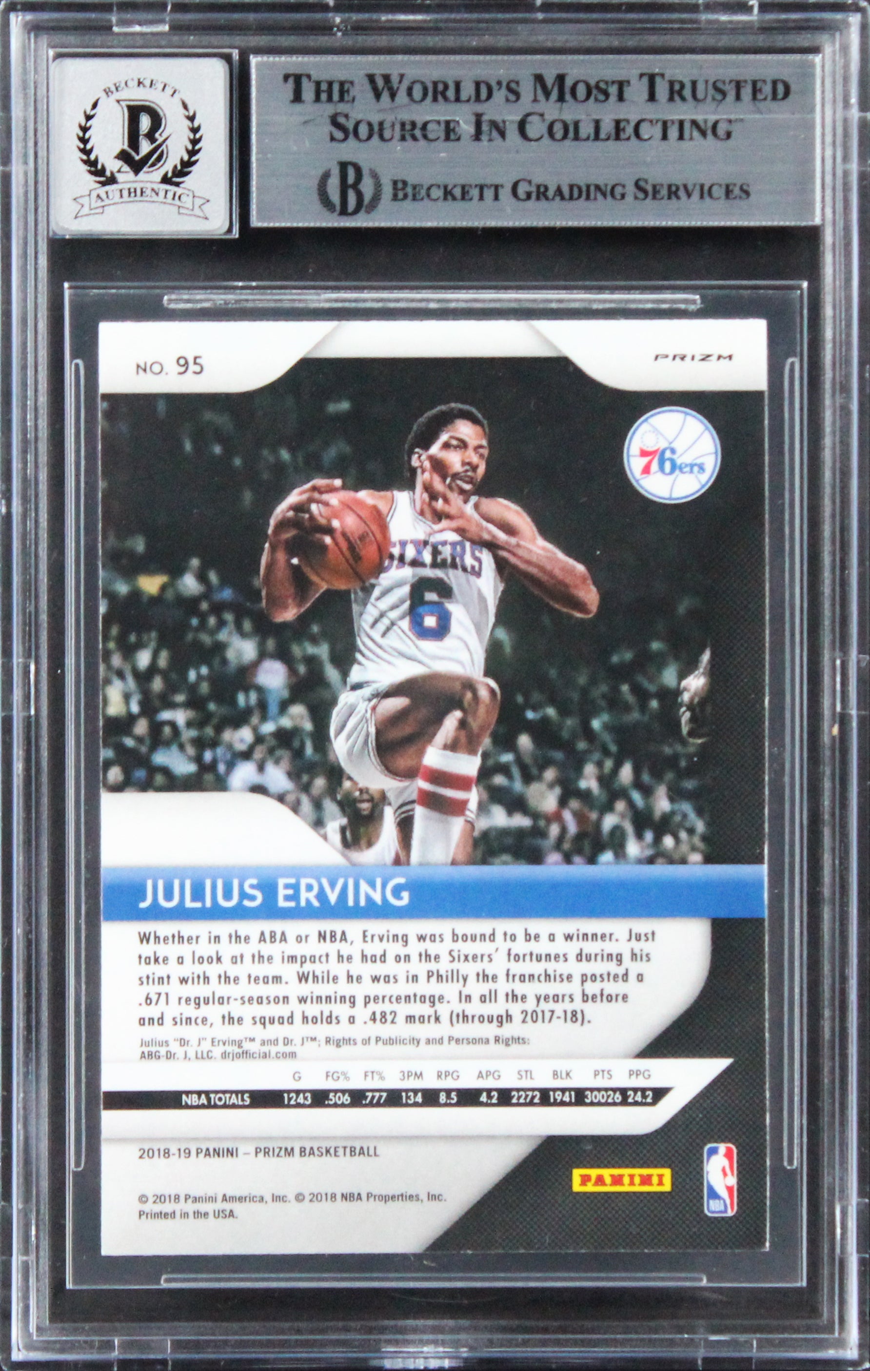 76ers Julius Erving Signed 2018 Panini Prizm Silver #95 Card Auto 10! BAS Slab