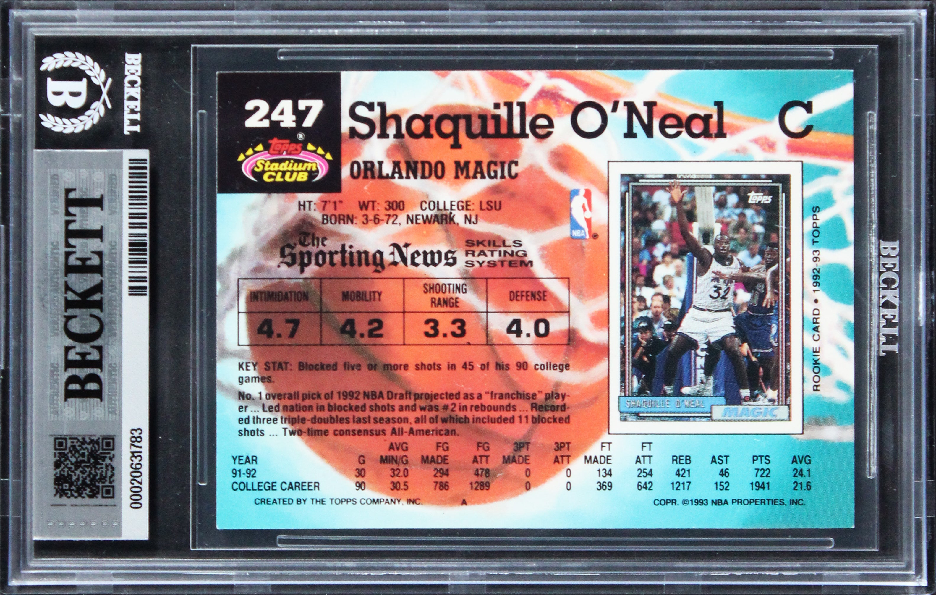Shaquille O'Neal Signed 1992 Stadium Club #247 Rookie Card Auto 10! BAS Slabbed