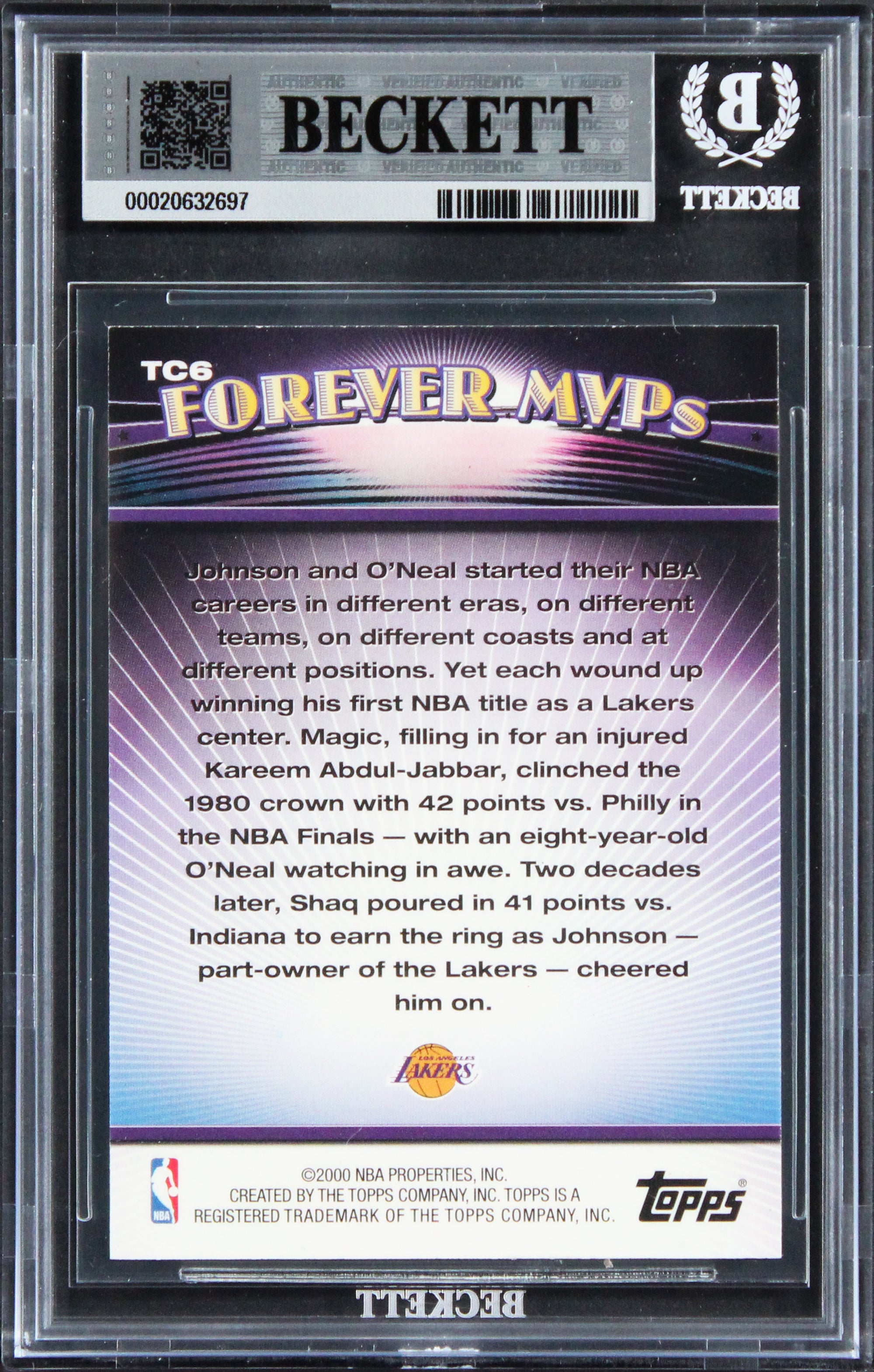Shaquille O'Neal & Magic Johnson Signed 2000 Topps #TC6 Card Auto 10! BAS Slab