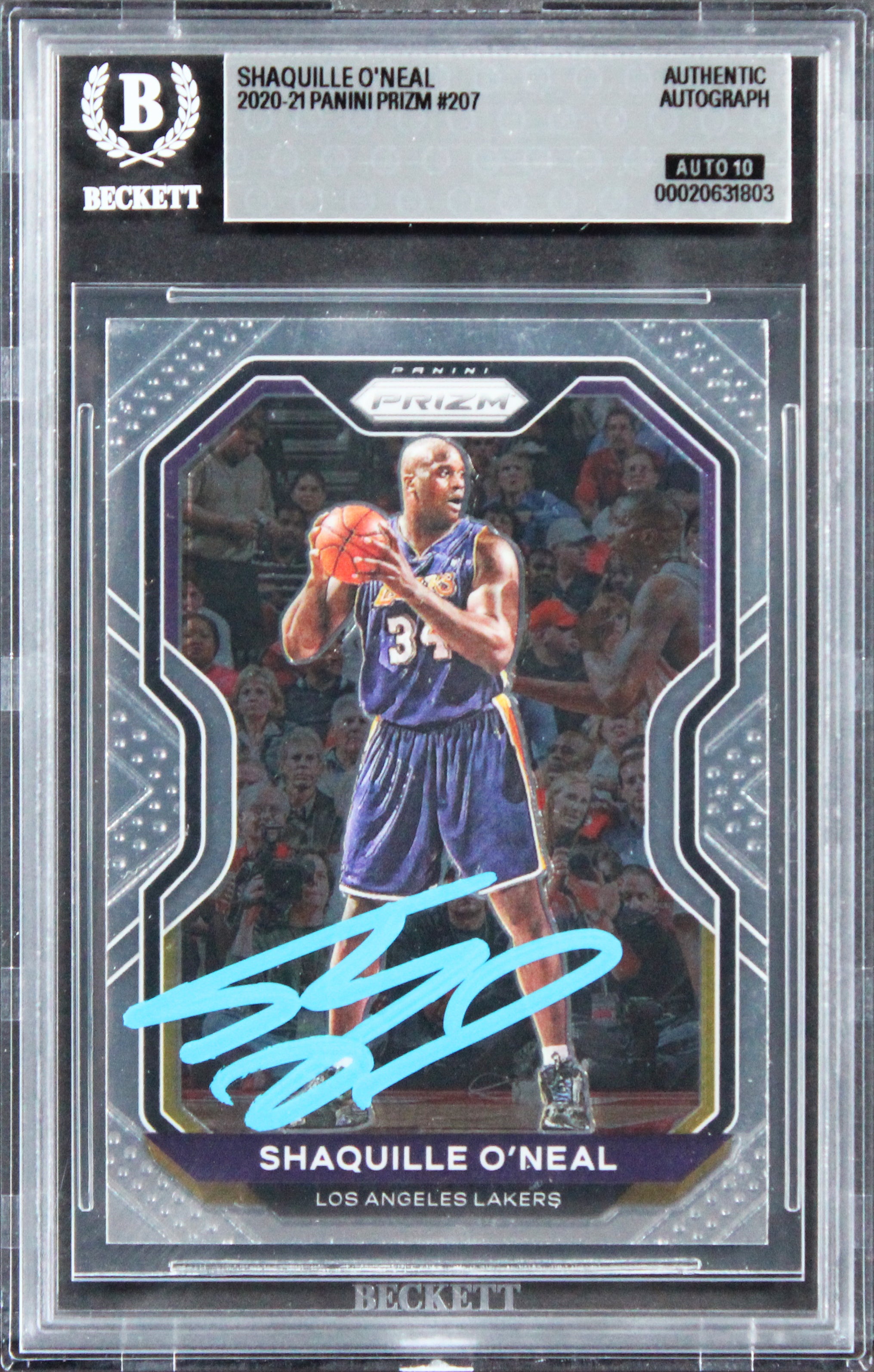 Lakers Shaquille O'Neal Signed 2020 Panini Prizm #207 Card Auto 10! BAS Slabbed