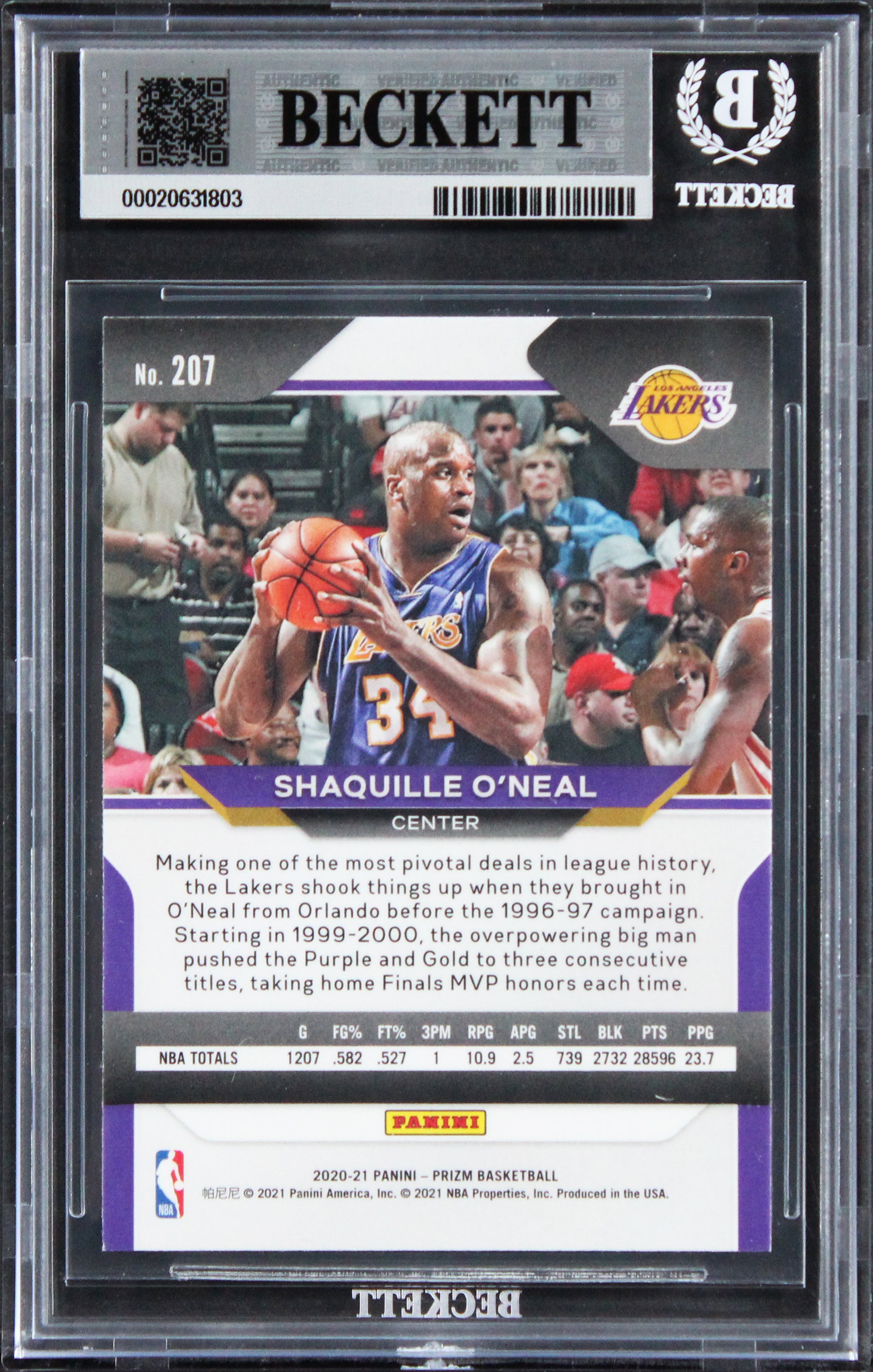 Lakers Shaquille O'Neal Signed 2020 Panini Prizm #207 Card Auto 10! BAS Slabbed