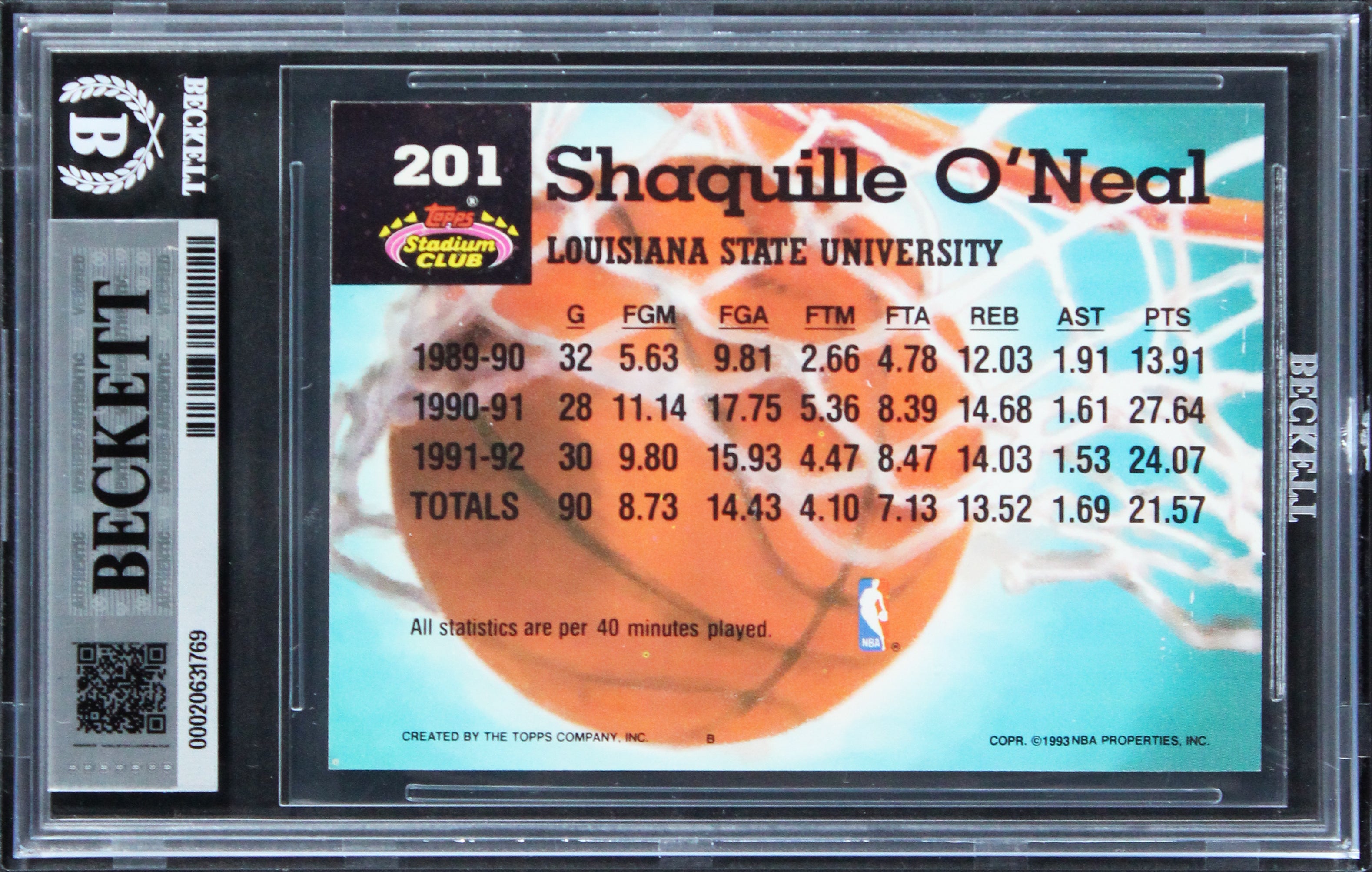 Magic Shaquille O'Neal Signed 1992 Stadium Club #201 RC Card Auto 10! BAS Slab