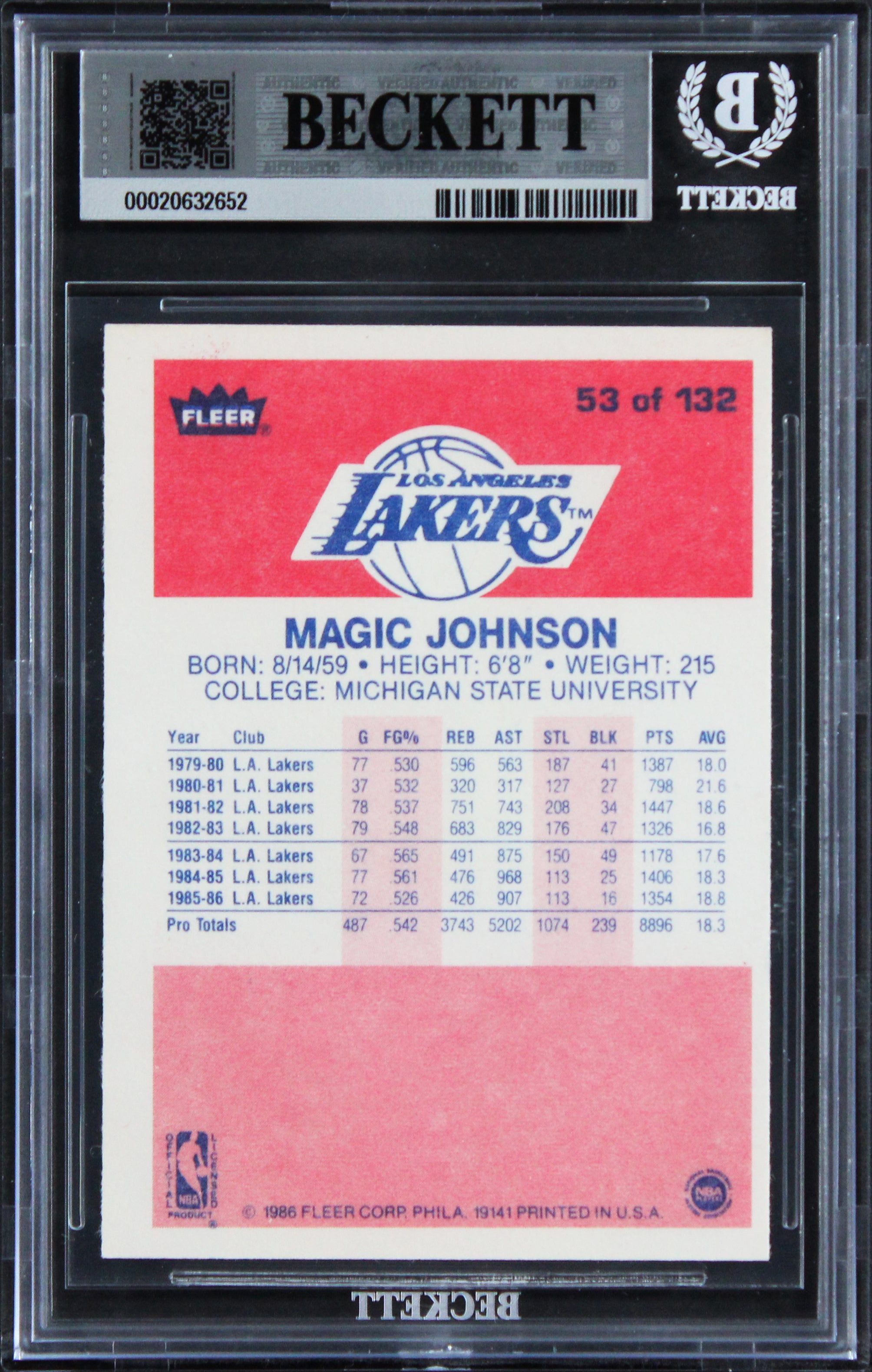 Lakers Magic Johnson "HOF 02" Signed 1986 Fleer #53 Card Auto 10! BAS Slabbed