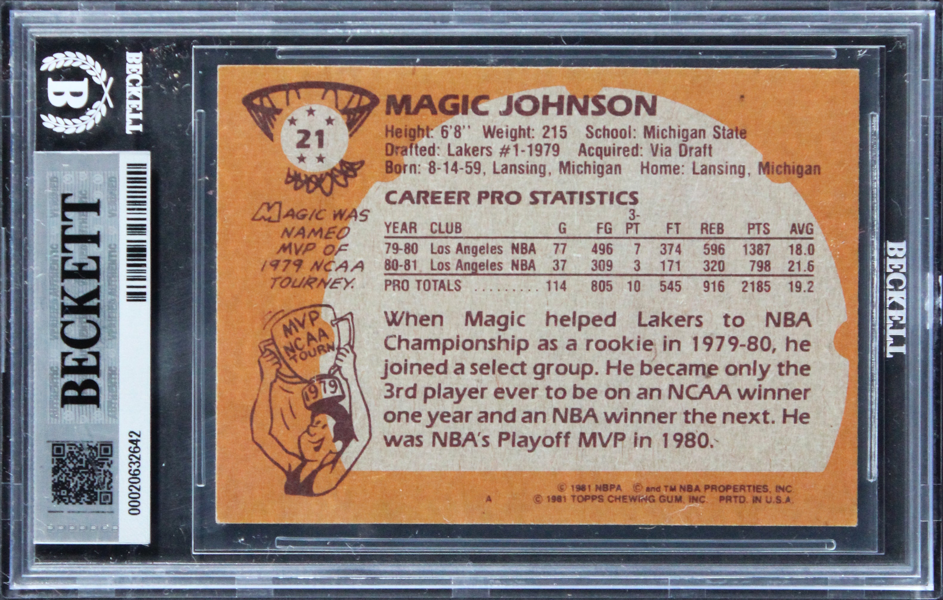 Lakers Magic Johnson Signed 1981 Topps #21 Card Auto Grade GM 10! BAS Slabbed