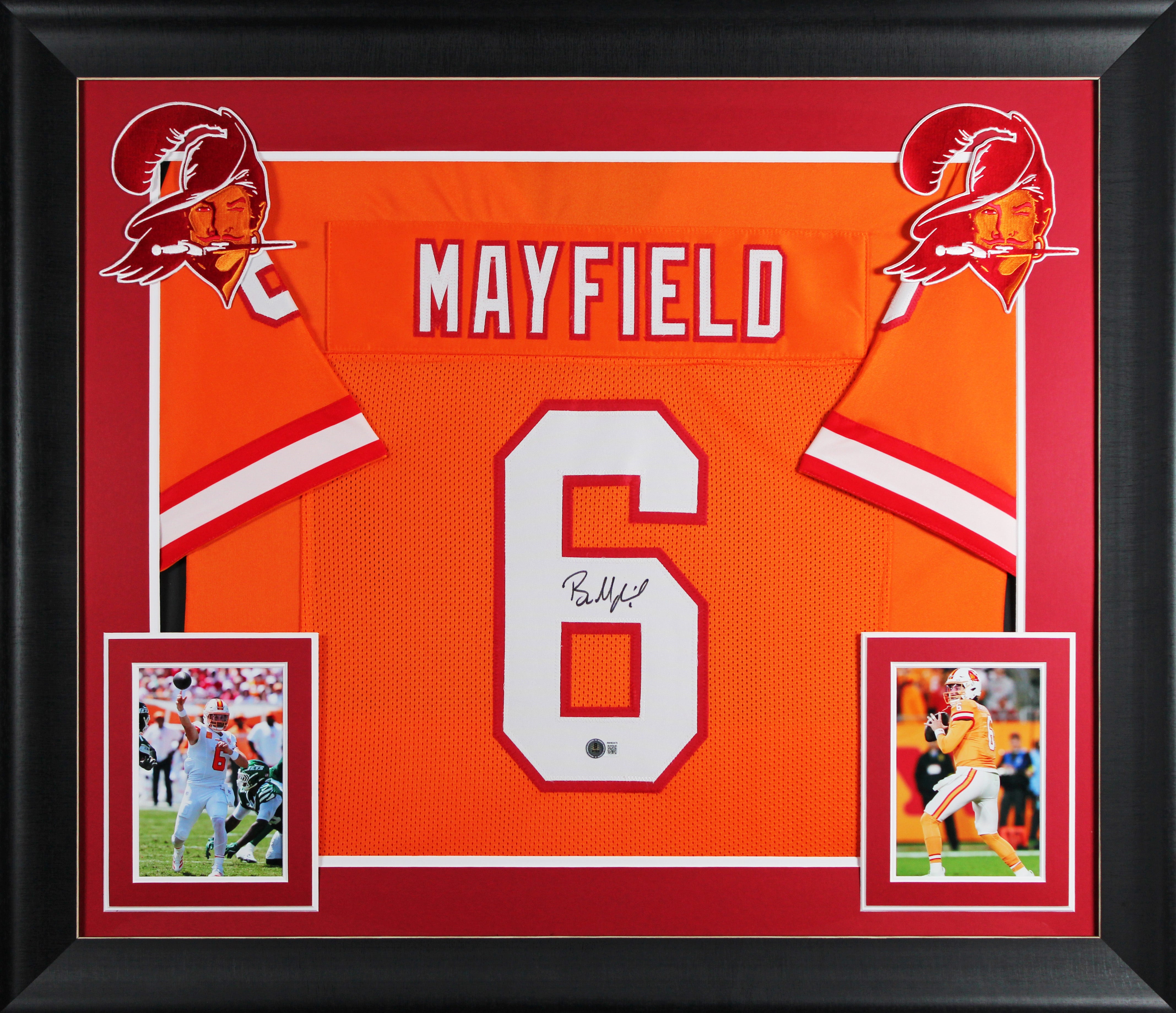 Baker Mayfield Signed Orange Throwback Pro Style Framed Jersey BAS Witnessed