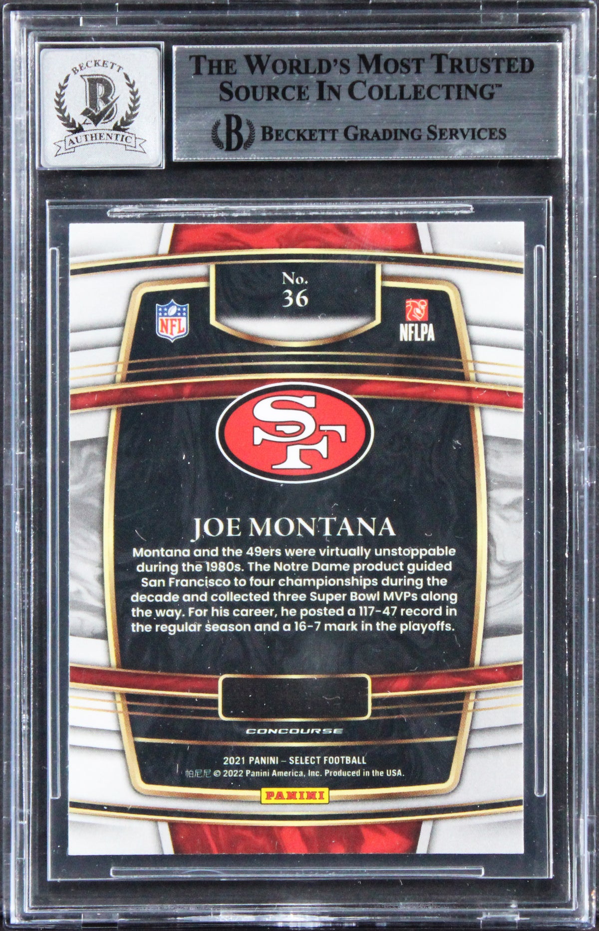 49ers Joe Montana Signed 2021 Select #36 Card Auto Grade Mint 10! BAS Slabbed