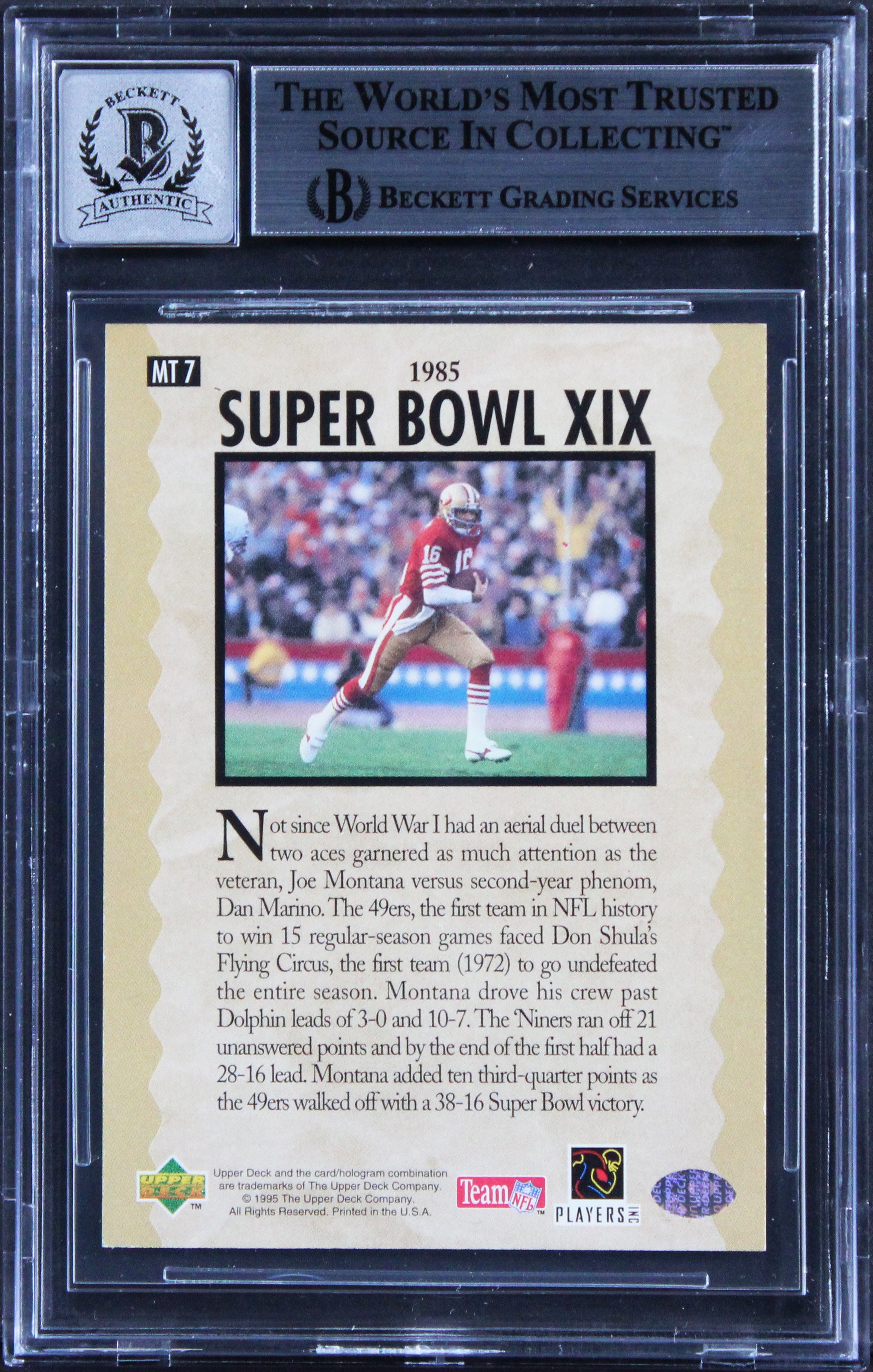 49ers Joe Montana Signed 1995 UD Joe Montana #MT7 Card Auto Grade 10! BAS Slab