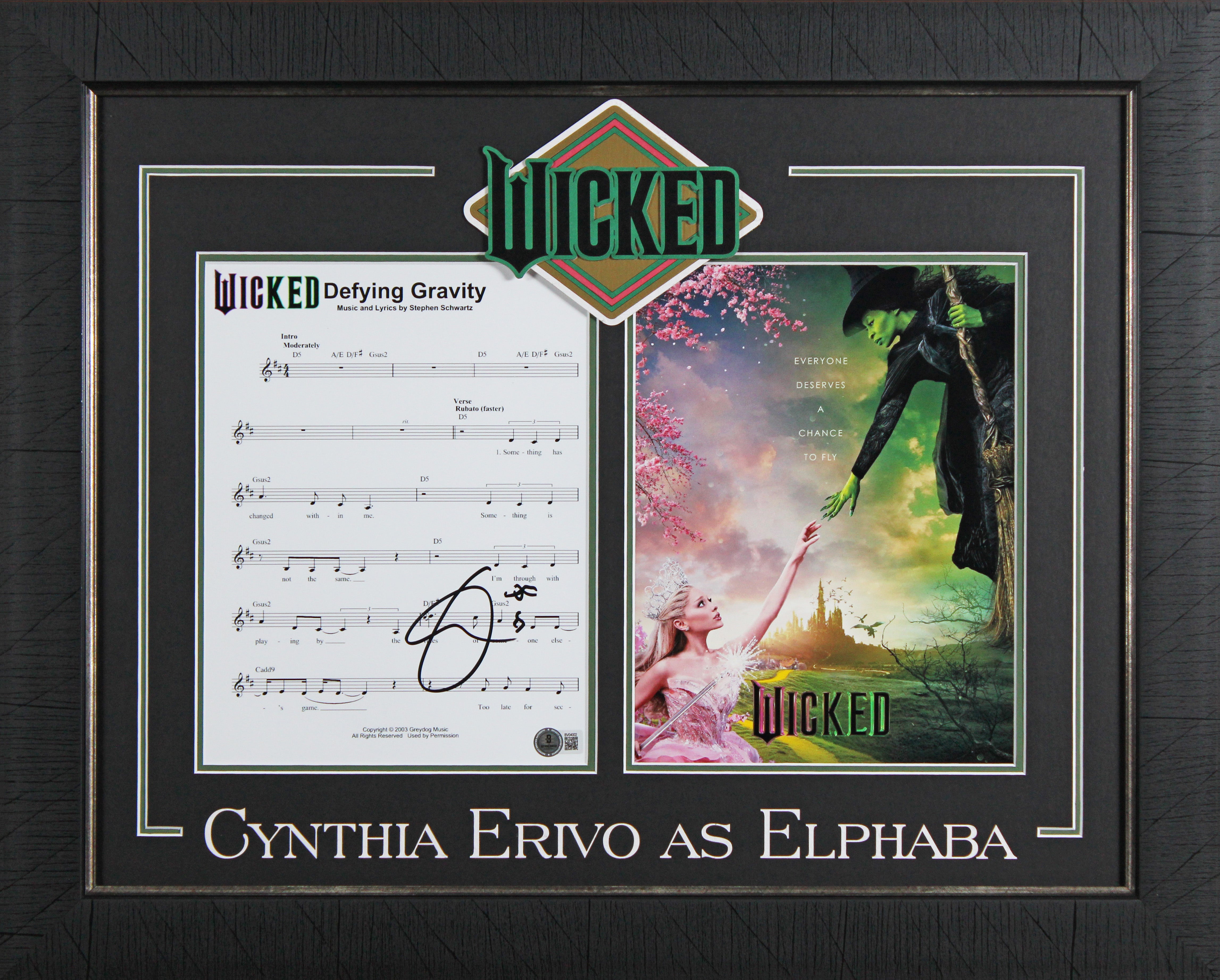 Cynthia Erivo Wicked Authentic Signed 8x10 Framed Music Sheet Photo BAS #BV04002
