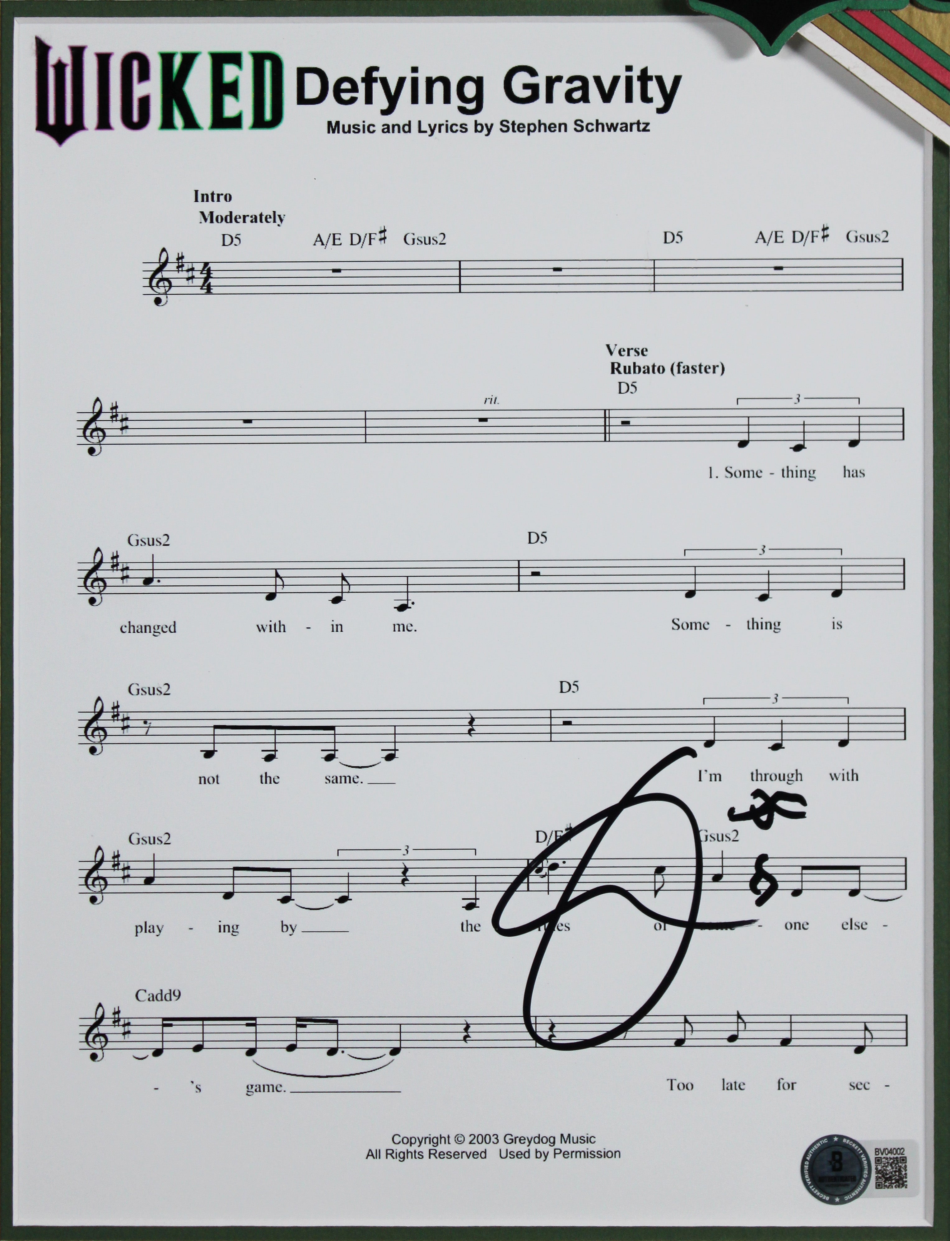 Cynthia Erivo Wicked Authentic Signed 8x10 Framed Music Sheet Photo BAS #BV04002