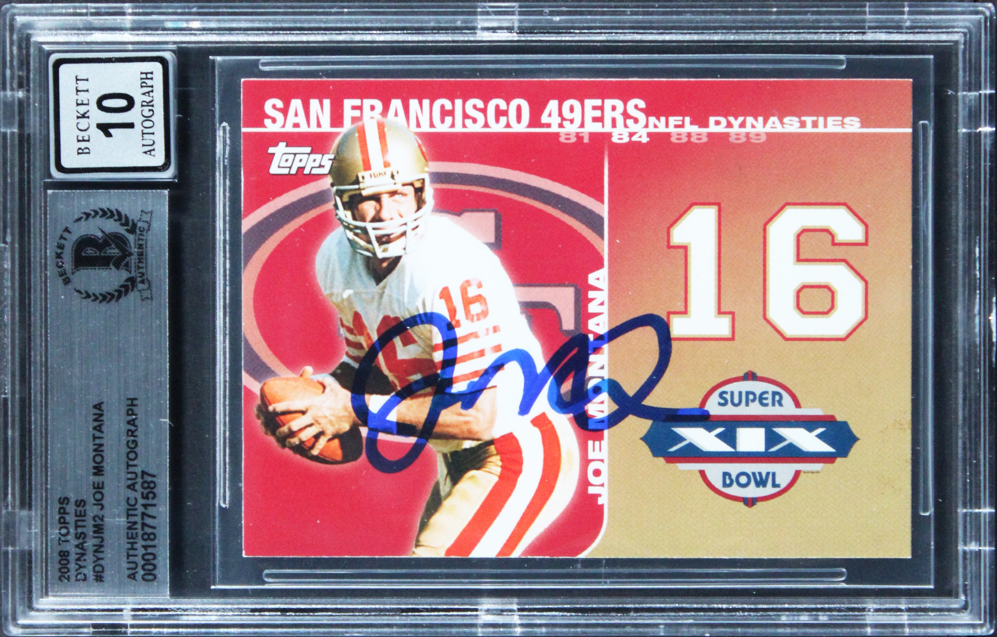 49ers Joe Montana Signed 2008 Topps Dynasties #DYNJM2 Card Auto 10! BAS Slabbed