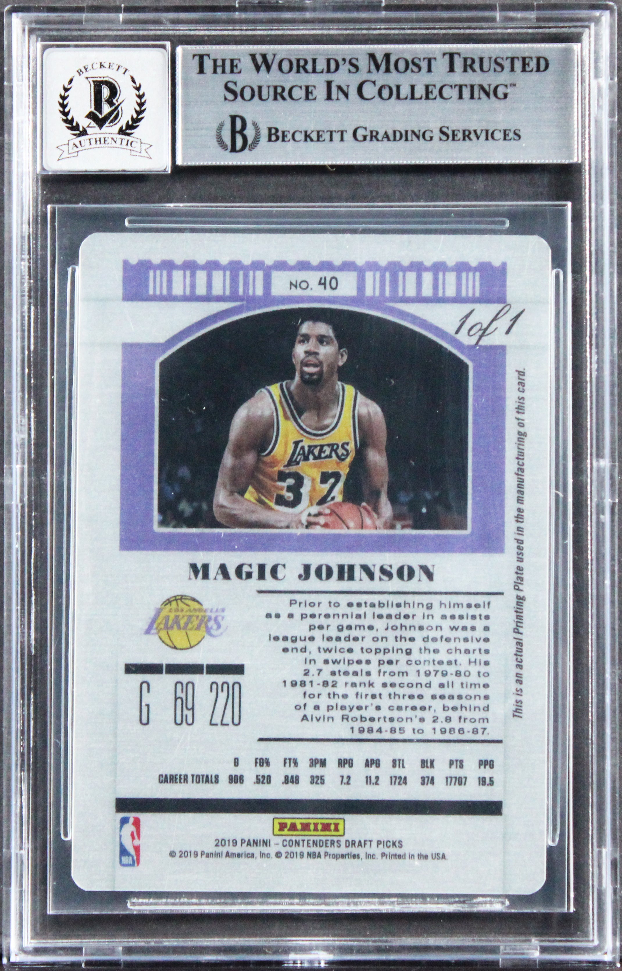 Magic Johnson HOF 2002 Signed 2019 Panini PP Cyan #40 1/1 Card Auto 10 BAS Slab